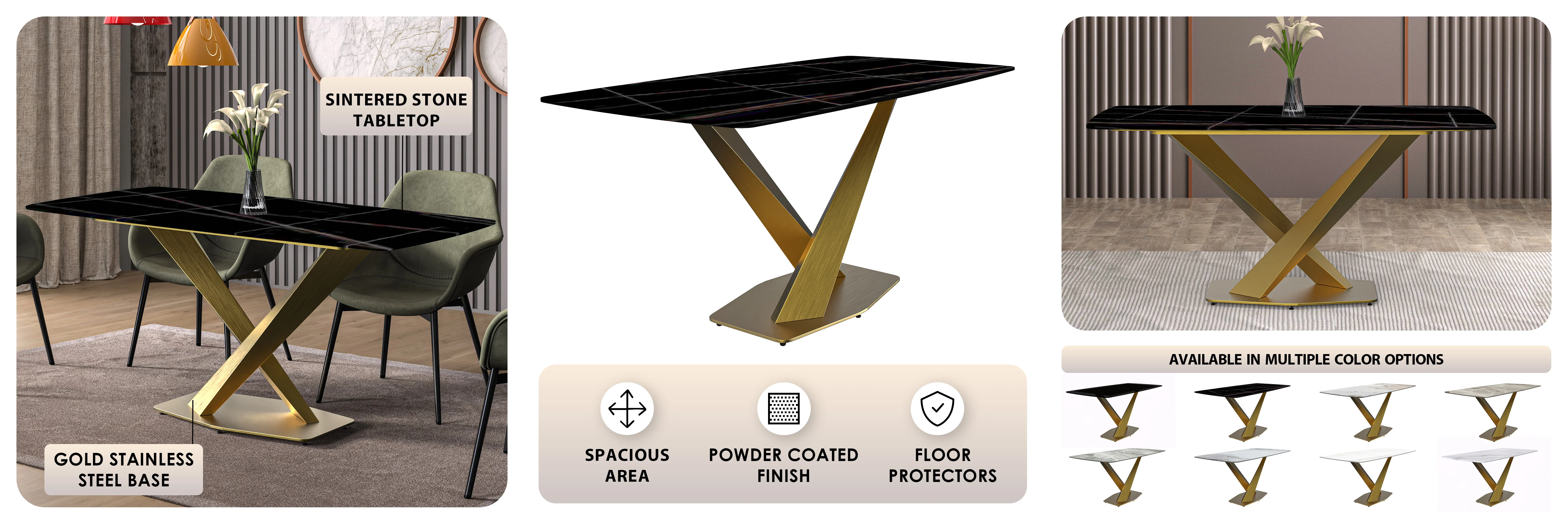 Voren Series Modern Dining Table Gold Base, With 71 Black/Gold Sintered Stone Top