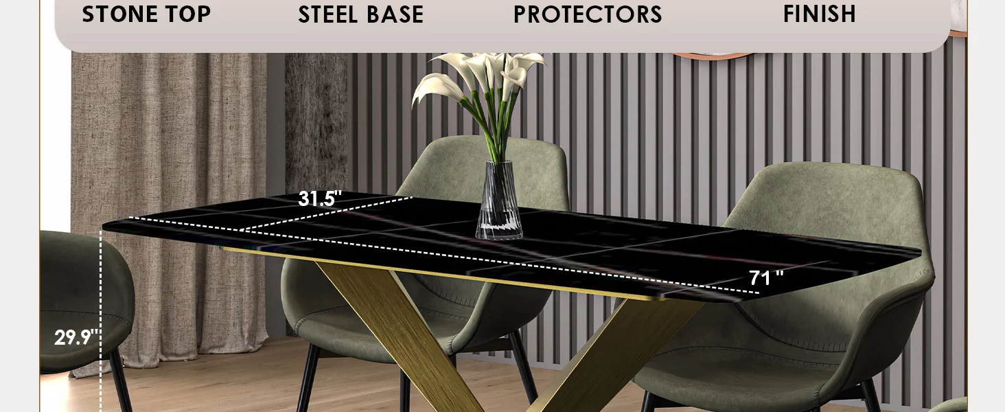 Voren Series Modern Dining Table Gold Base, With 71 Black/Gold Sintered Stone Top