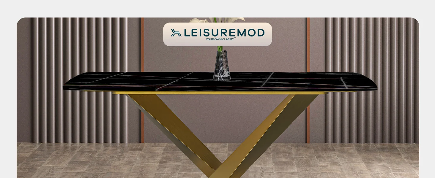 Voren Series Modern Dining Table Gold Base, With 71 Black/Gold Sintered Stone Top
