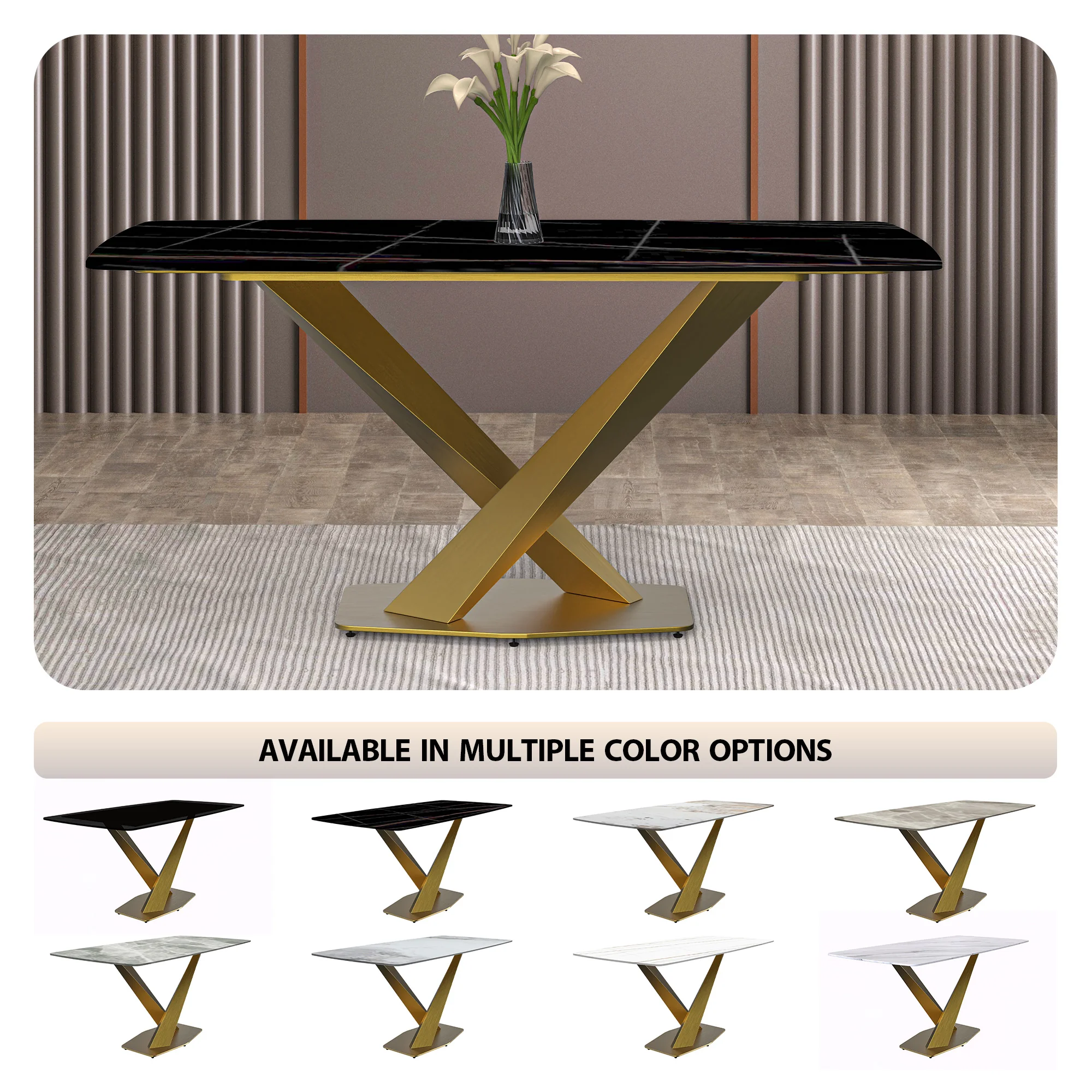 Voren Series Modern Dining Table Gold Base, With 71 Black/Gold Sintered Stone Top