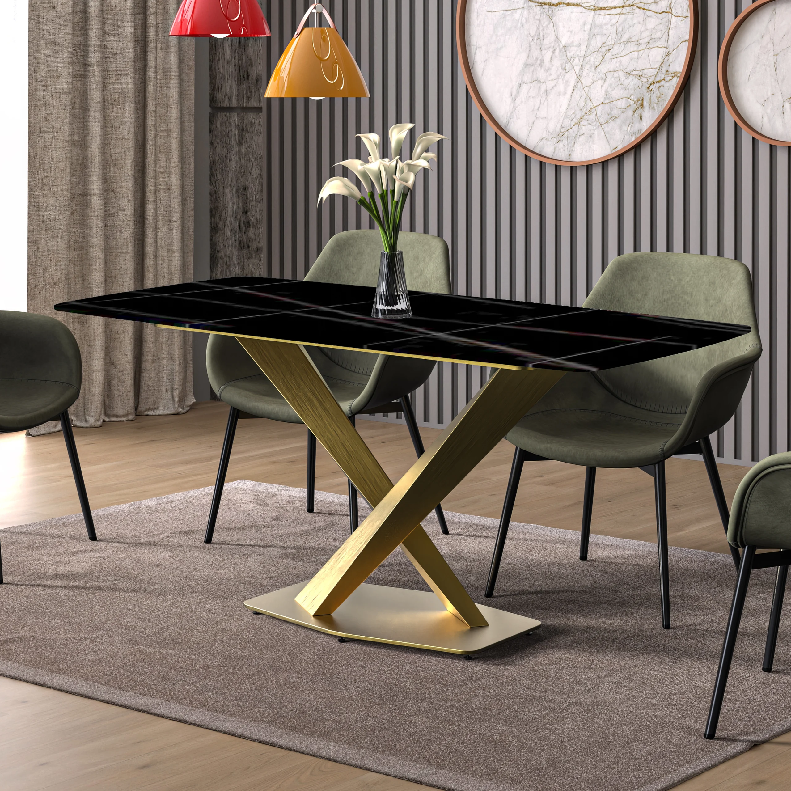 Voren Series Modern Dining Table Gold Base, With 71 Black/Gold Sintered Stone Top