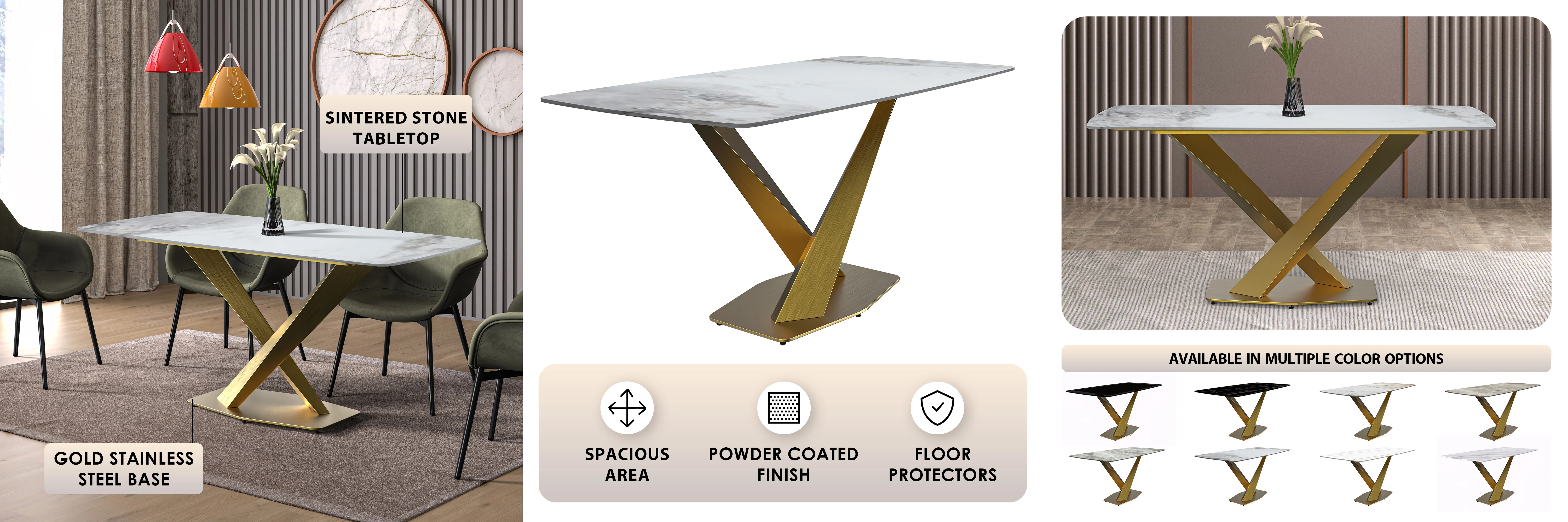 Voren Series Modern Dining Table Gold Base, With 71 Medium Grey Sintered Stone Top
