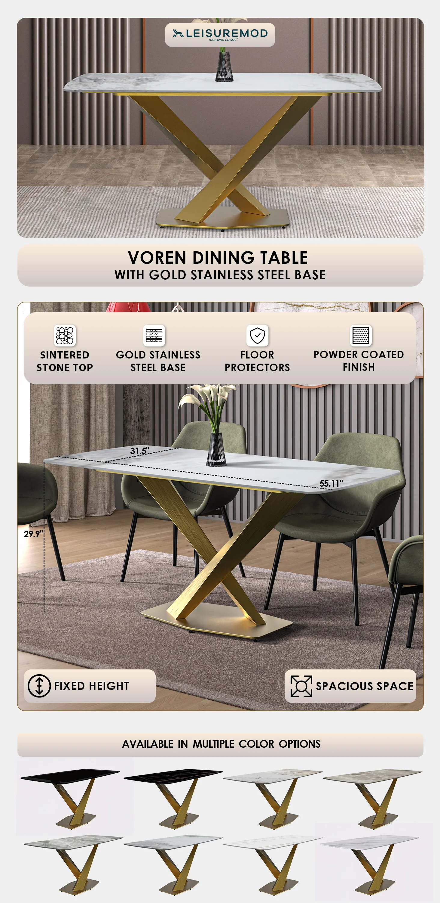 Voren Series Modern Dining Table Gold Base, With 71 Medium Grey Sintered Stone Top