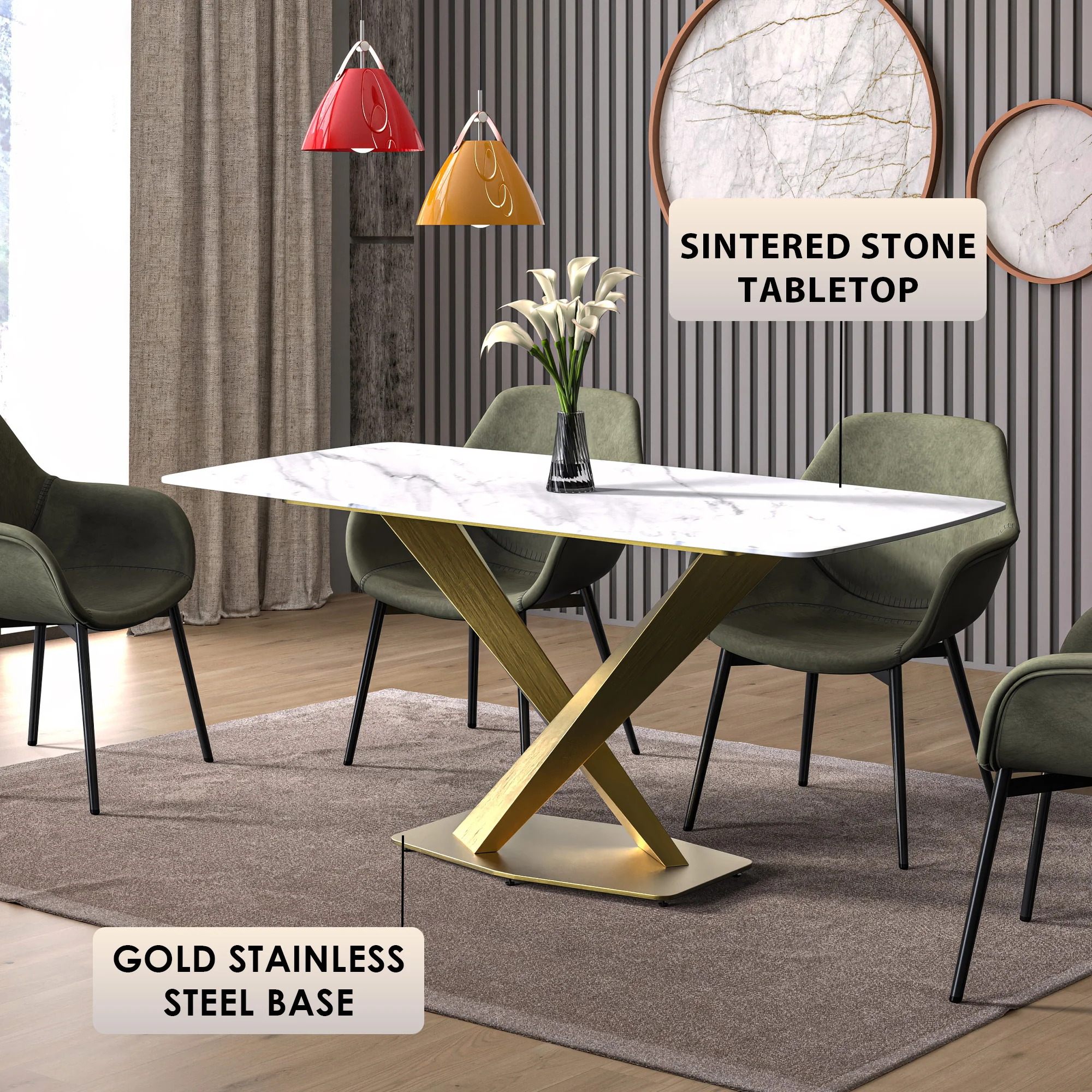 Voren Series Modern Dining Table Gold Base, With 71 White Sintered Stone Top