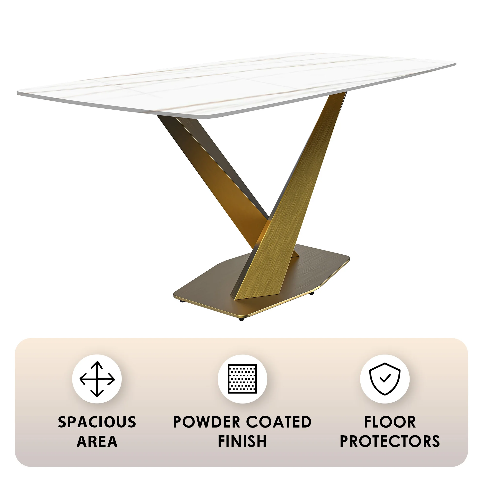 Voren Series Modern Dining Table Gold Base, With 71 White/Gold Sintered Stone Top