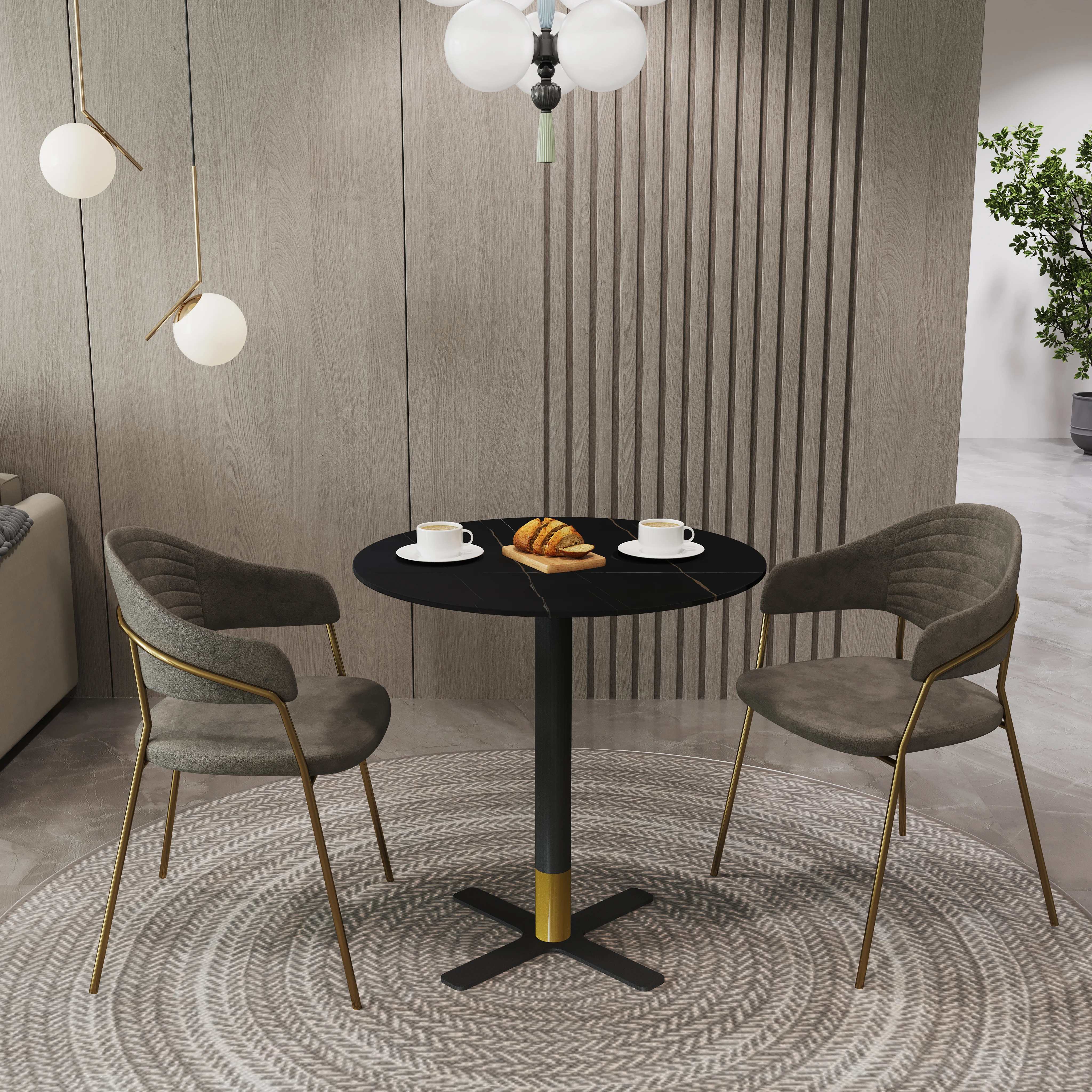 Vail Collection Dining Table Black/Gold X Base With 27" Round Black Stone Top