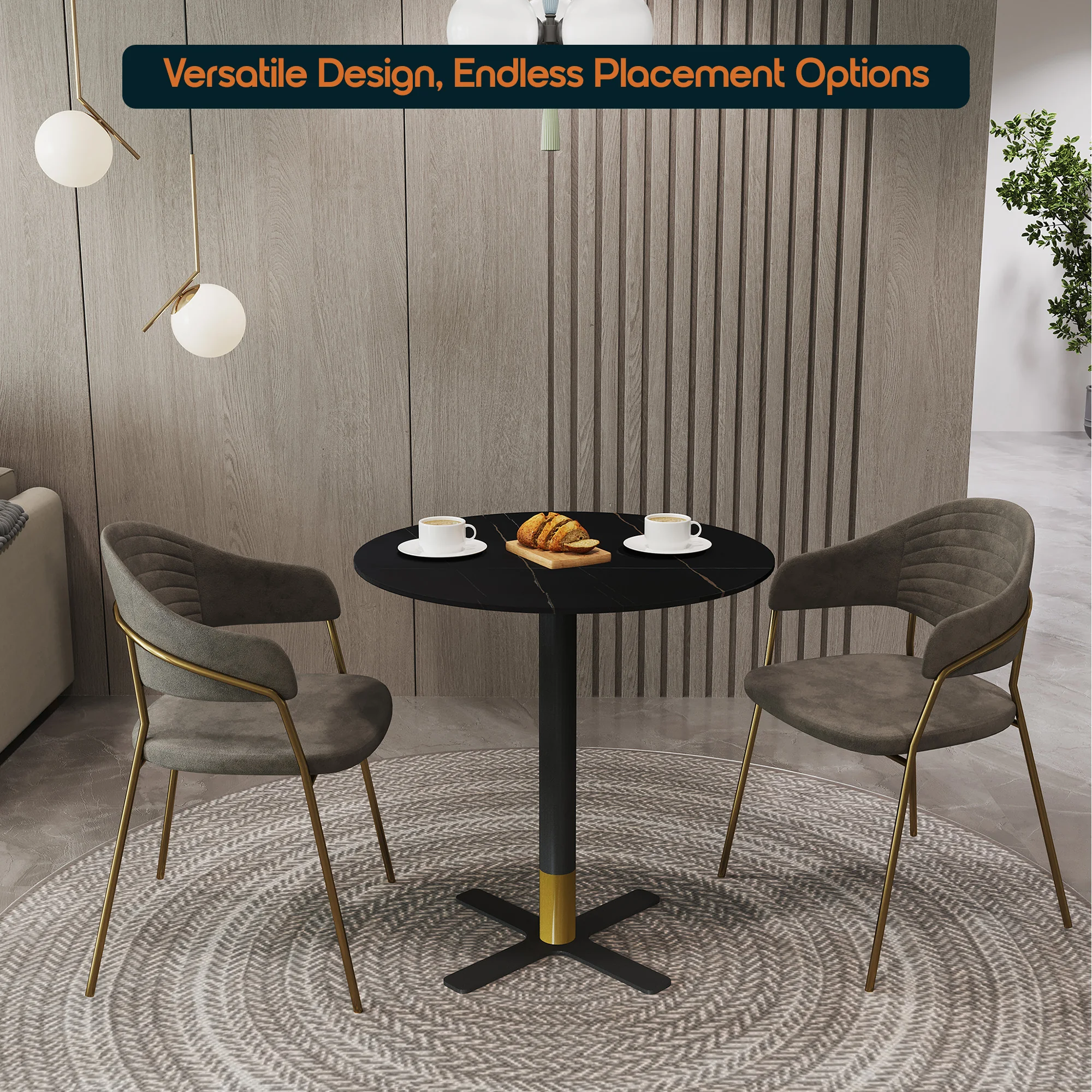 Vail Collection Dining Table Black/Gold X Base With 27" Round Black Stone Top