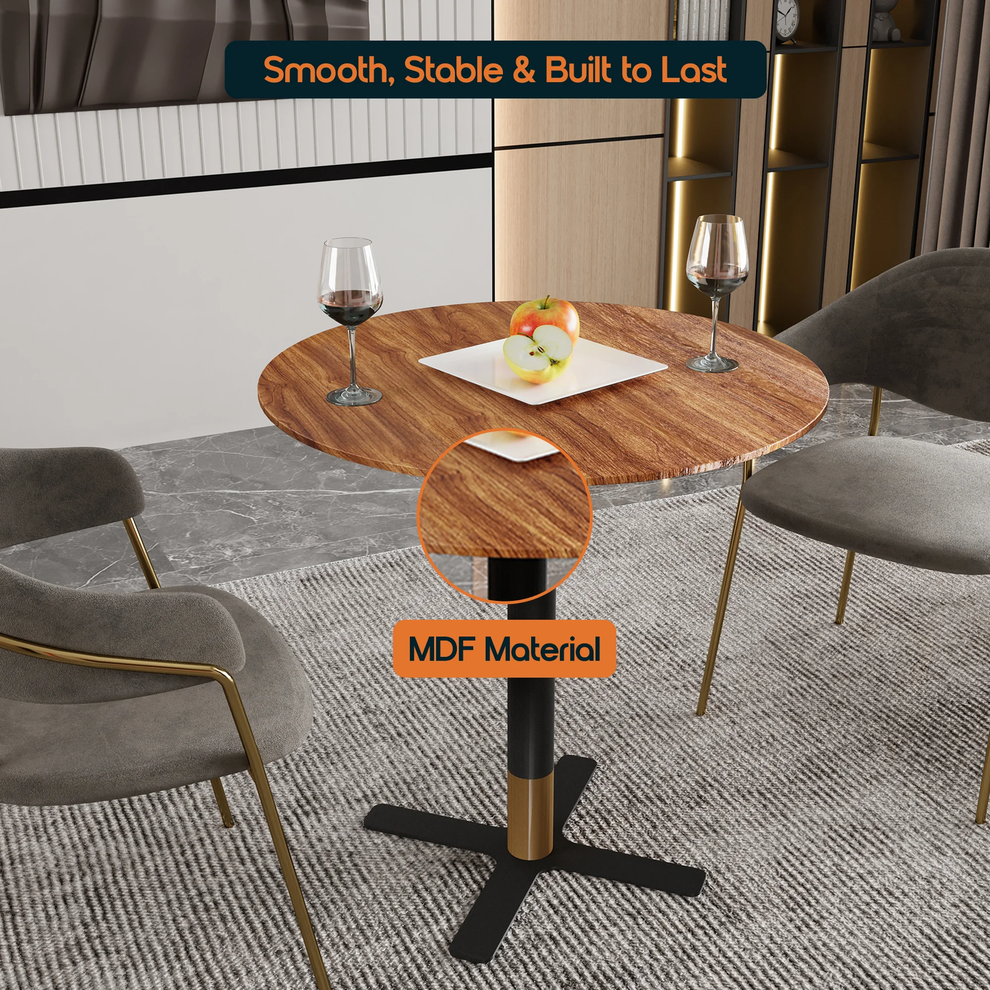 Vail Collection Dining Table Black/Gold X Base With 27" Round Cognac Brown MDF Top