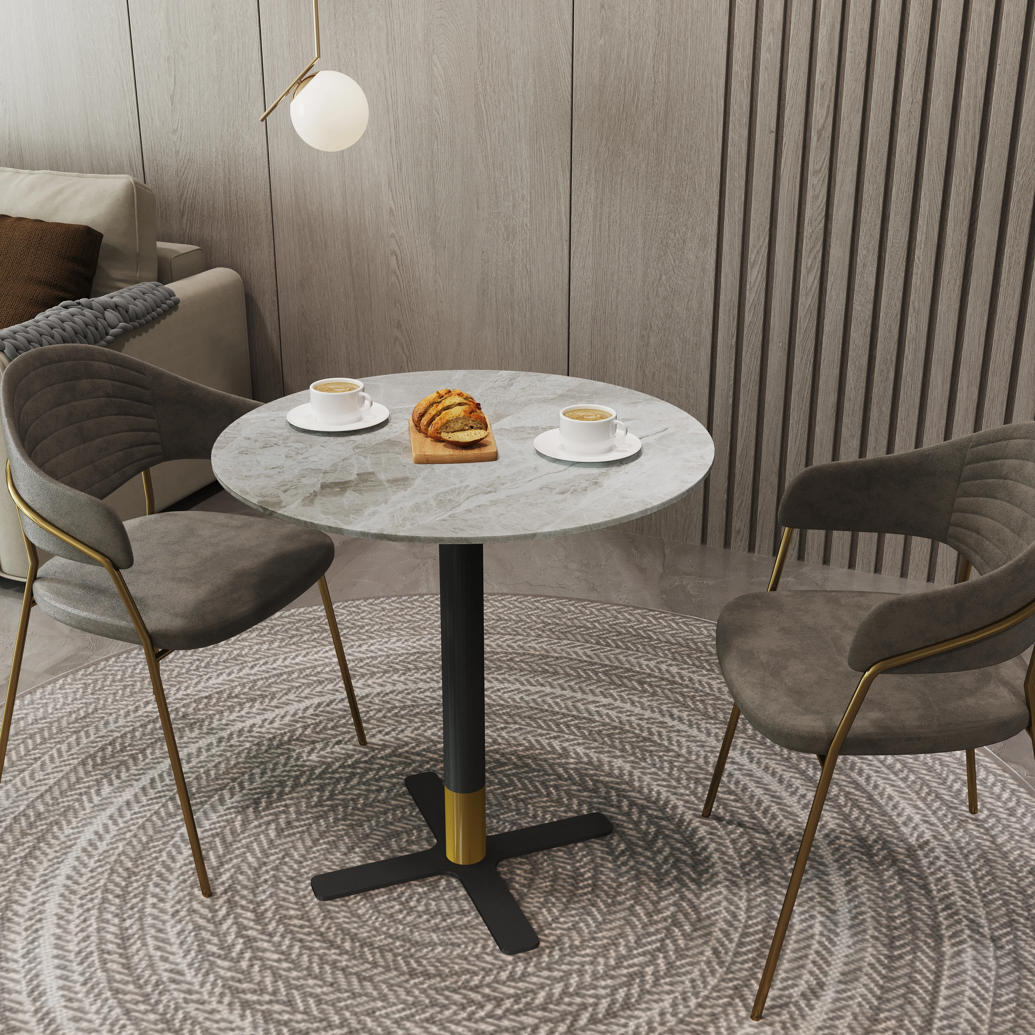 Vail Collection Dining Table Black/Gold X Base With 27" Round Grey Stone Top