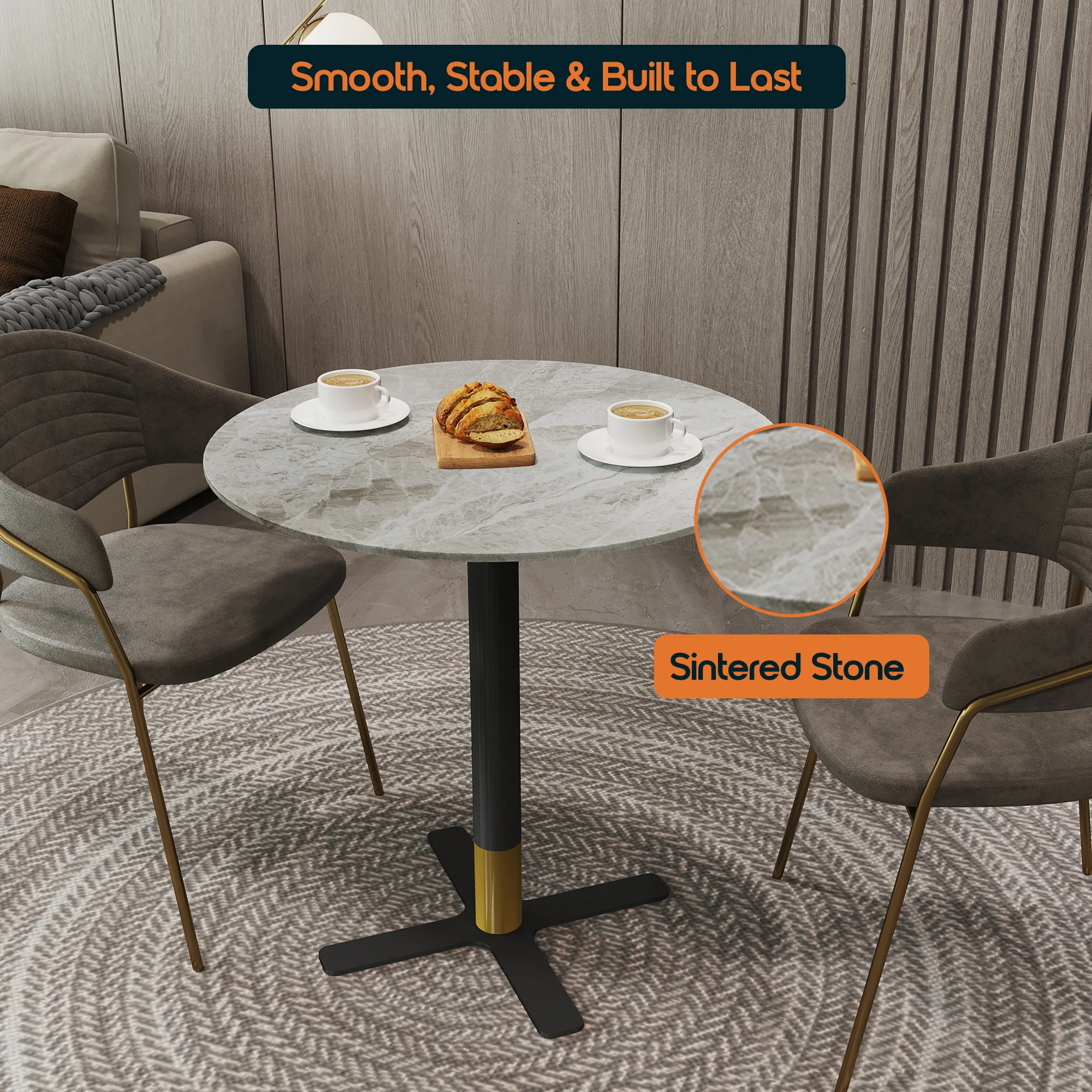 Vail Collection Dining Table Black/Gold X Base With 27" Round Grey Stone Top