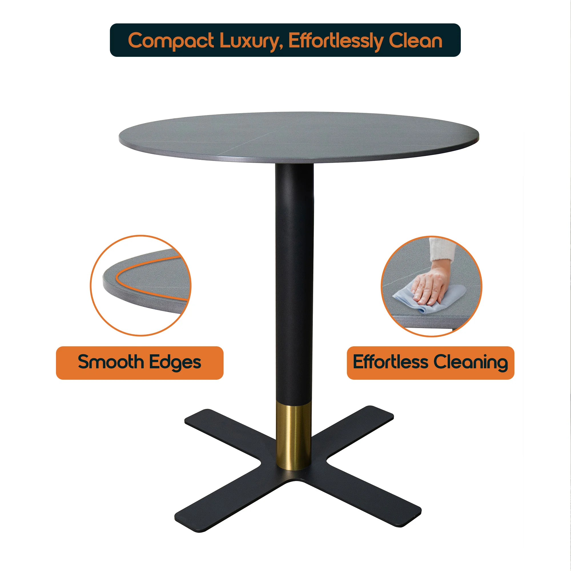 Vail Collection Dining Table Black/Gold X Base With 36" Round BLack Stone  Top