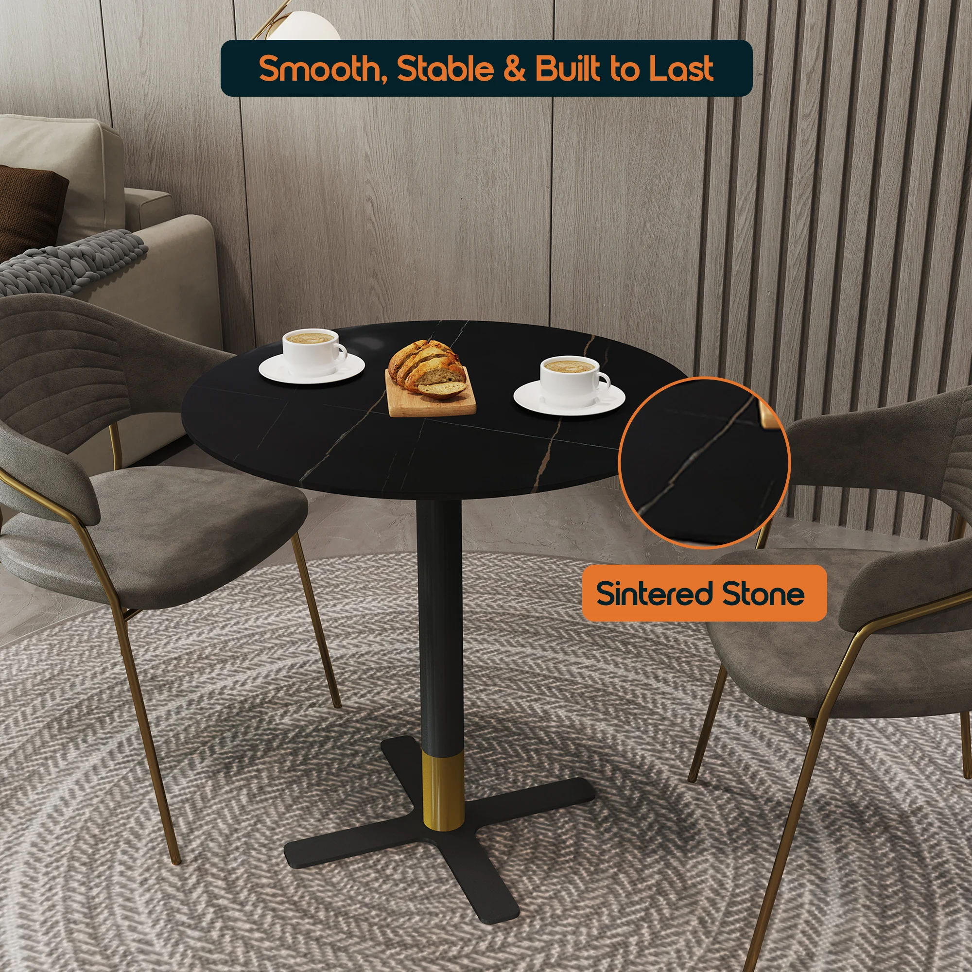 Vail Collection Dining Table Black/Gold X Base With 36" Round BLack Stone  Top