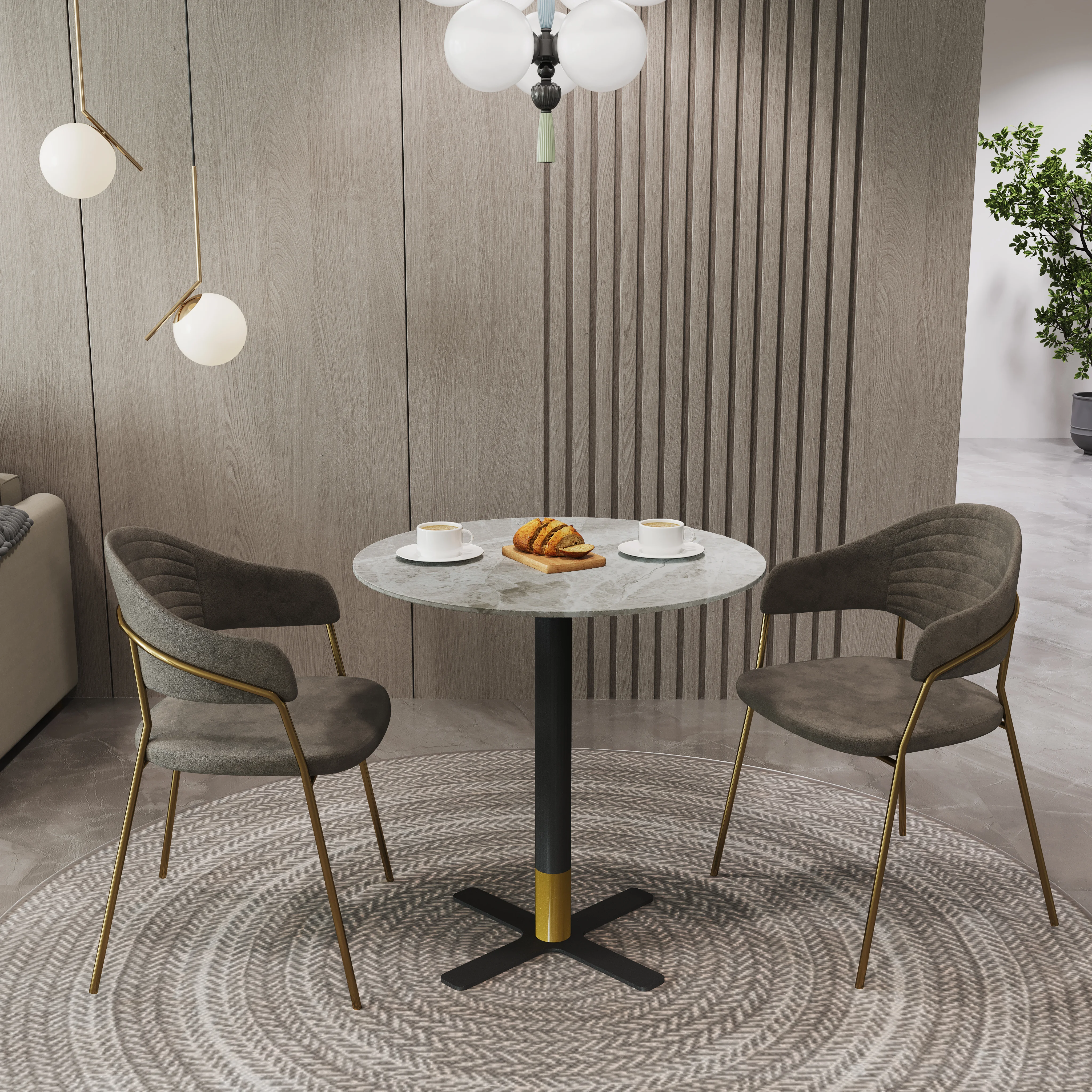 Vail Collection Dining Table Black/Gold X Base With 36" Round Grey Stone  Top