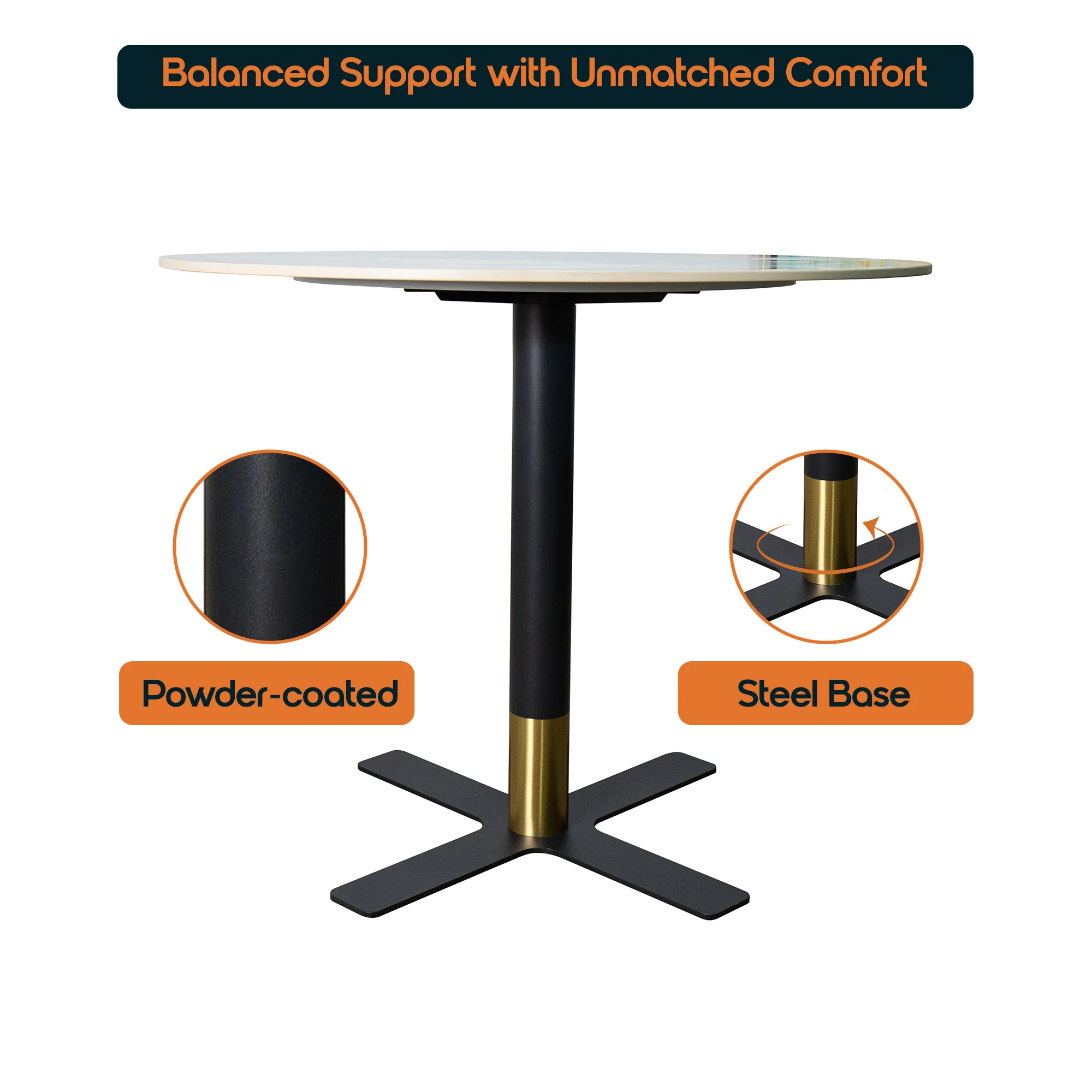 Vail Collection Dining Table Black/Gold X Base With 36" Round Grey Stone  Top