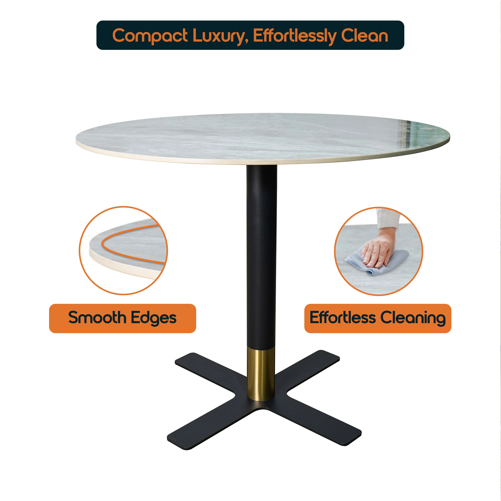 Vail Collection Dining Table Black/Gold X Base With 36" Round Grey Stone  Top