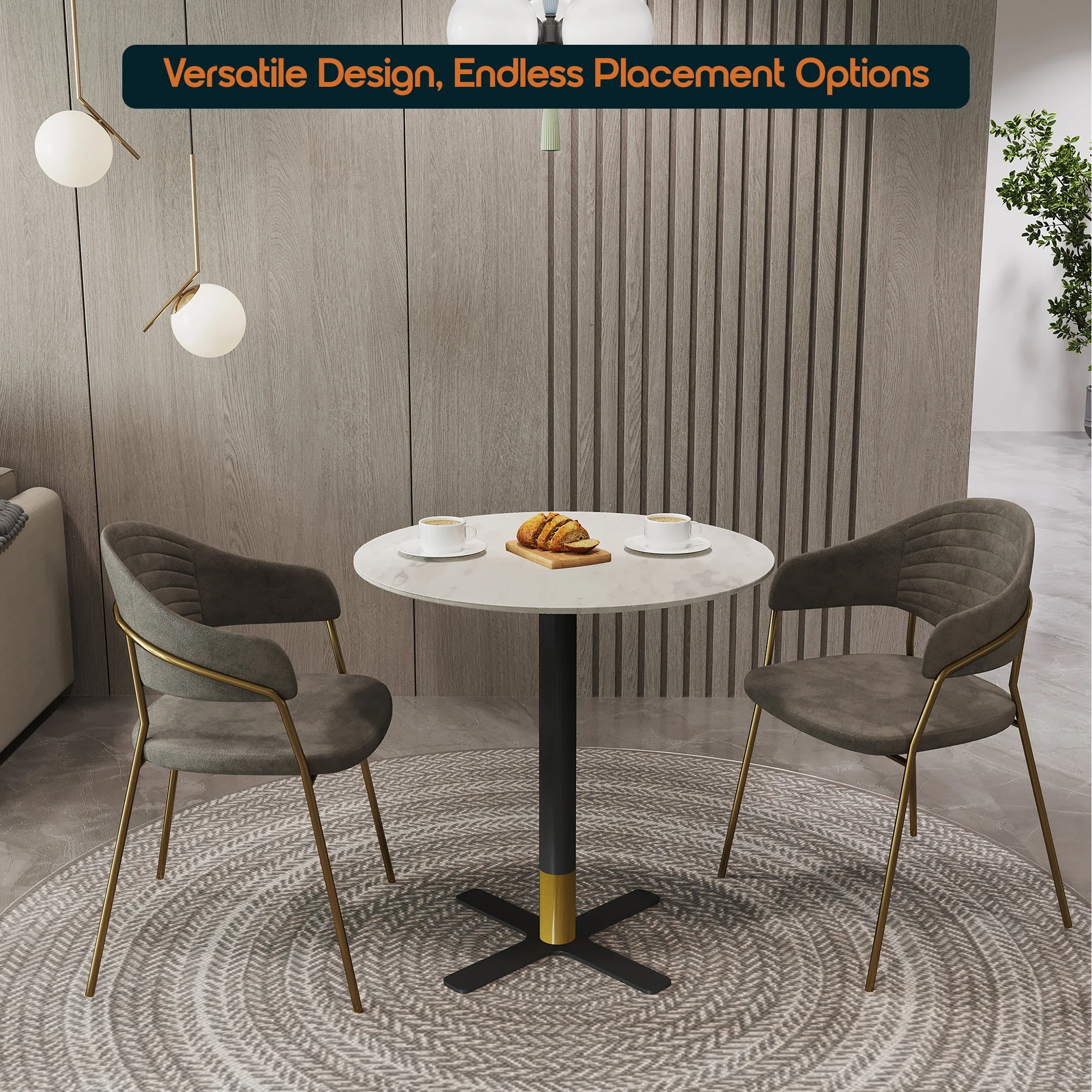 Vail Collection Dining Table Black/Gold X Base With 36" Round White Stone  Top