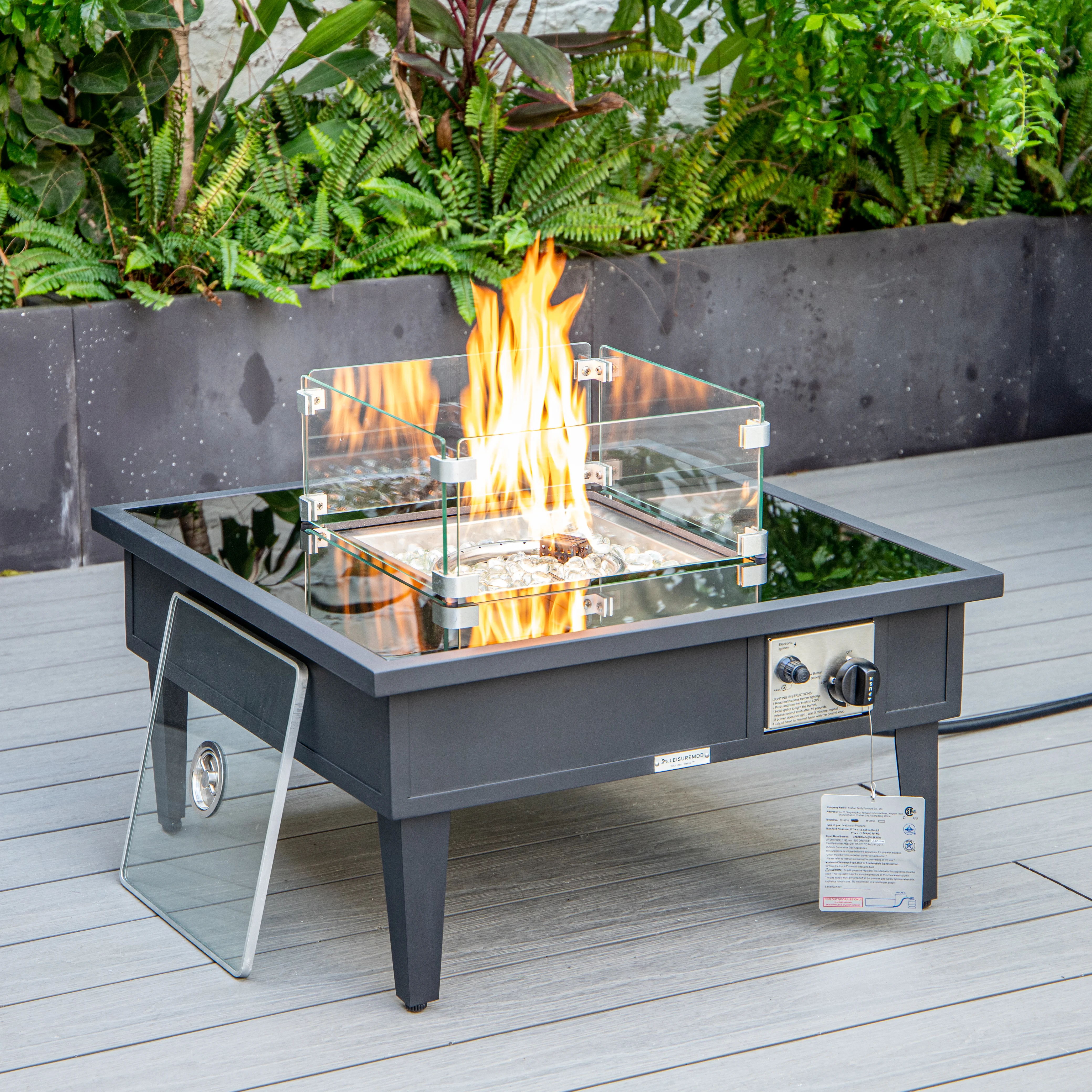 Walbrooke Outdoor Patio Aluminum Square Fire Pit Side Table with Lid and Fire Glass for Patio and Backyard Garden