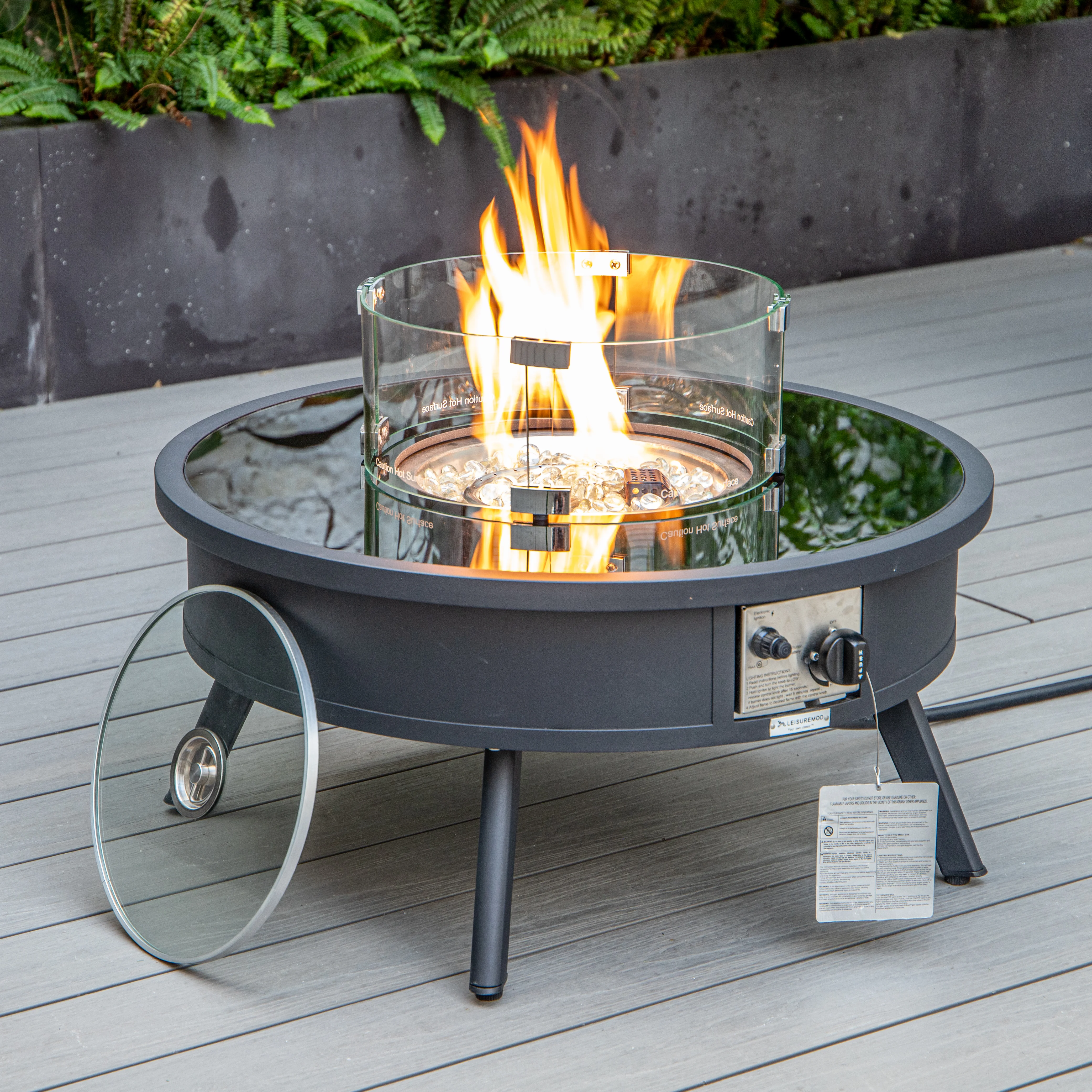 Walbrooke Outdoor Patio Aluminum Round Fire Pit Side Table with Lid and Fire Glass for Patio and Backyard Garden
