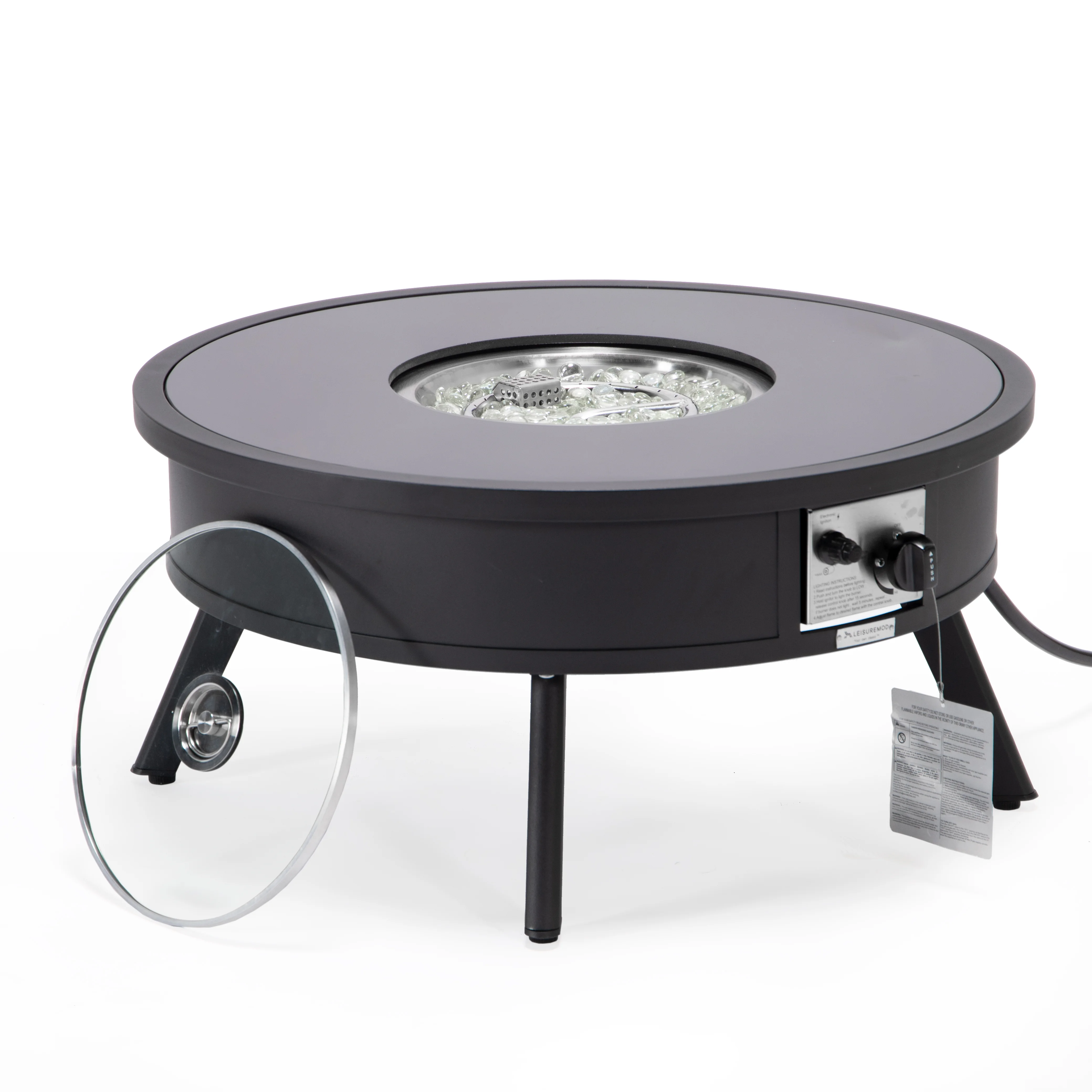 Walbrooke Outdoor Patio Aluminum Round Fire Pit Side Table with Lid and Fire Glass for Patio and Backyard Garden