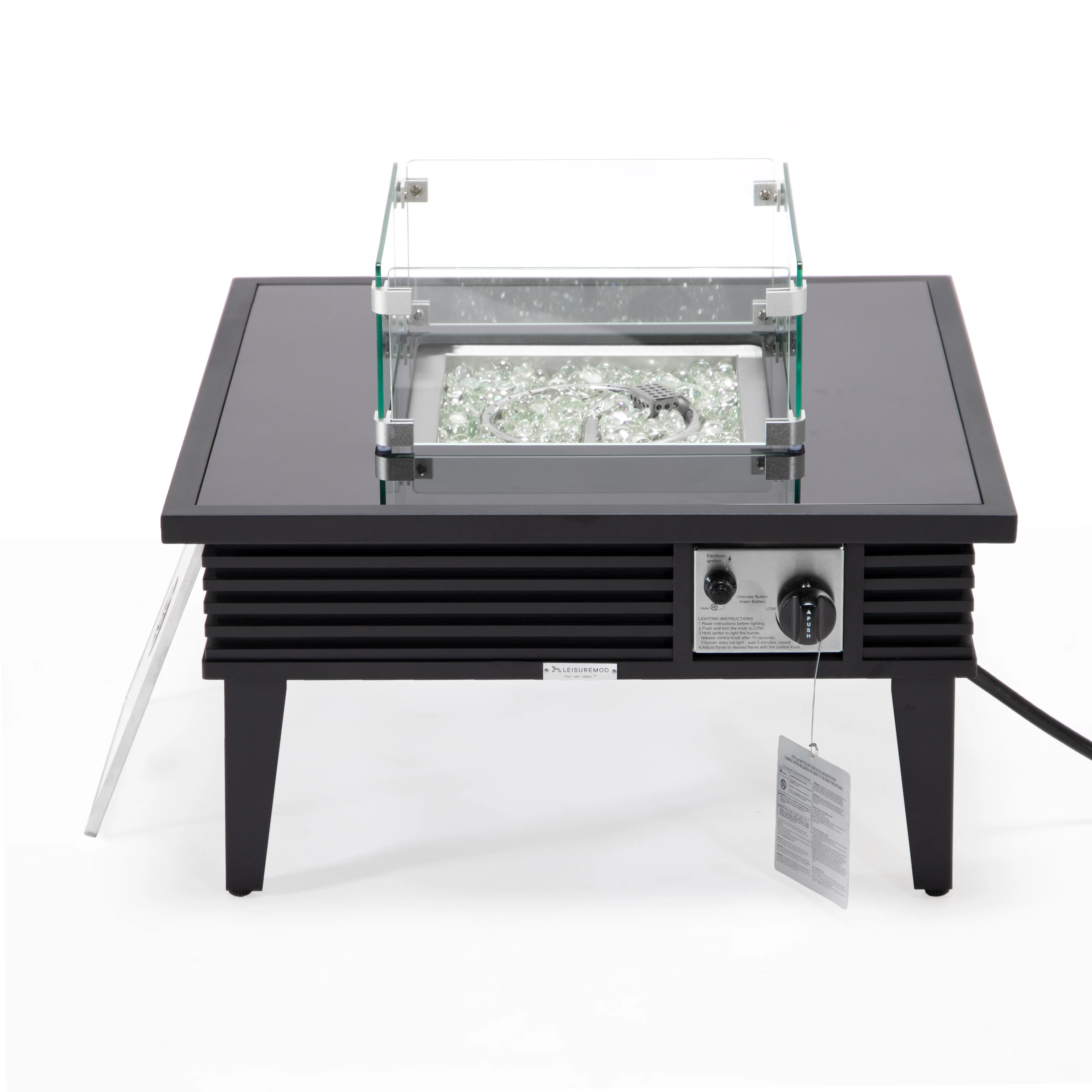 Walbrooke Outdoor Patio Aluminum Square Slats Design Fire Pit Side Table with Lid and Fire Glass for Patio and Backyard Garden