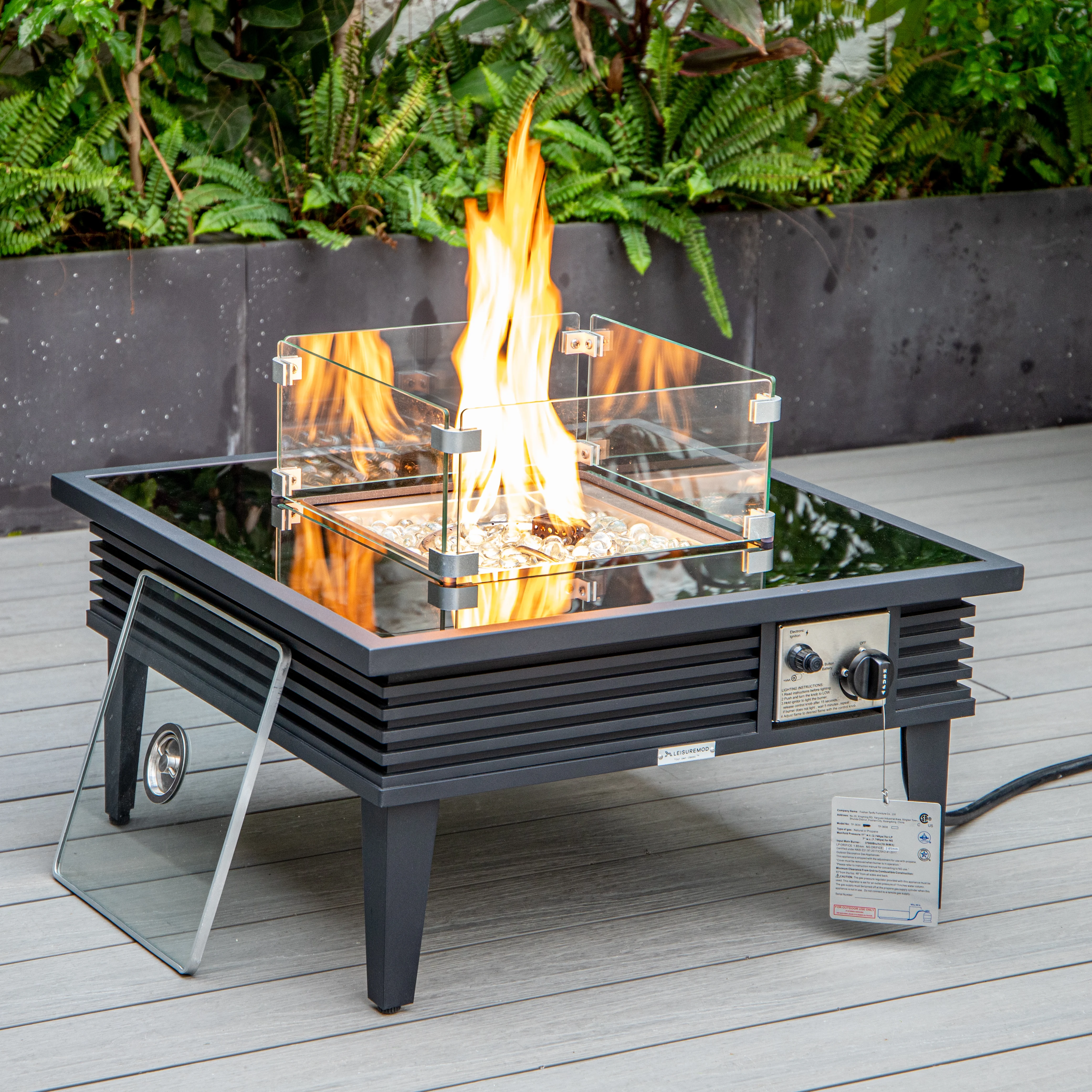 Walbrooke Outdoor Patio Aluminum Square Slats Design Fire Pit Side Table with Lid and Fire Glass for Patio and Backyard Garden