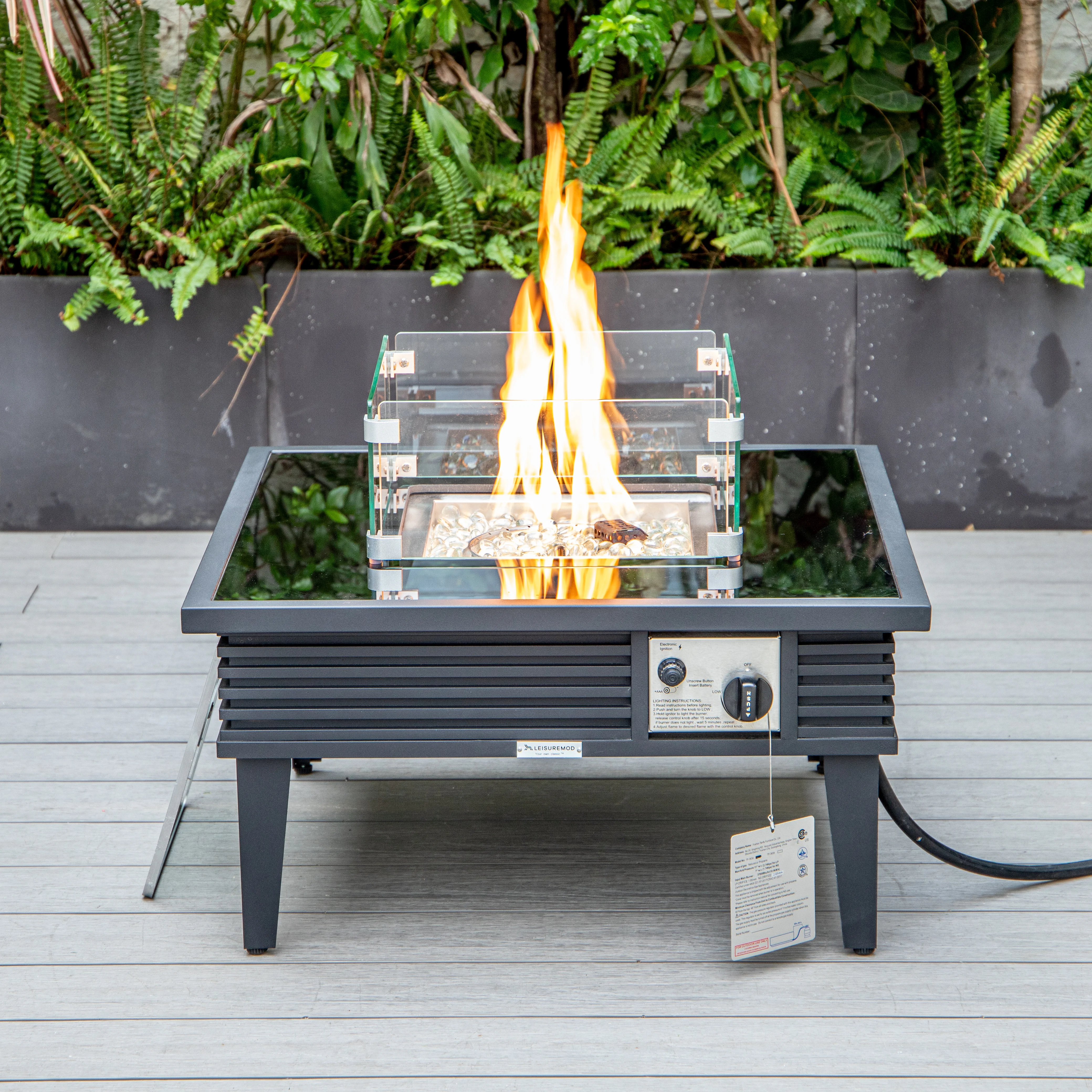 Walbrooke Outdoor Patio Aluminum Square Slats Design Fire Pit Side Table with Lid and Fire Glass for Patio and Backyard Garden