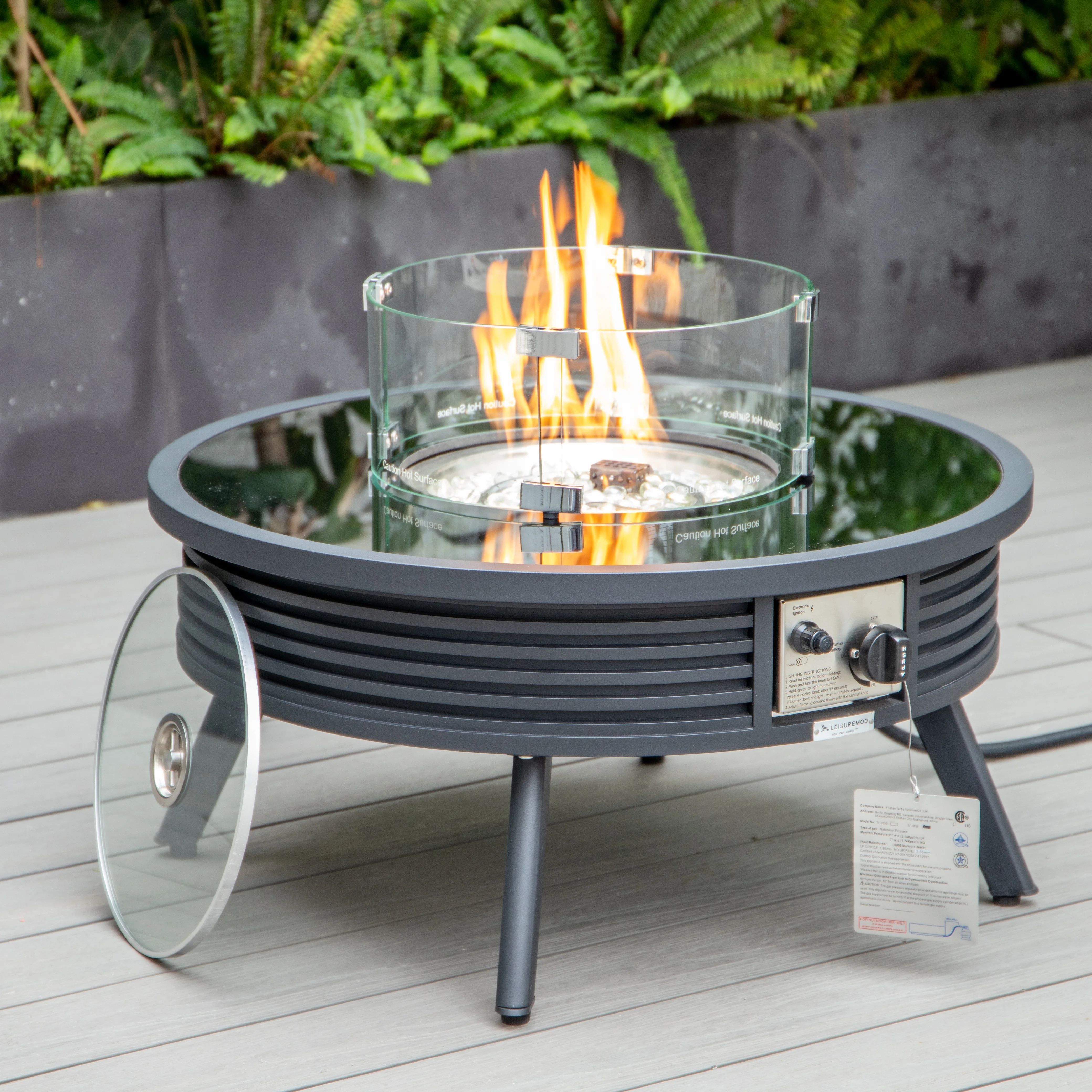 Walbrooke Patio Round Fire Pit and Tank Holder with Slats Design in Black
