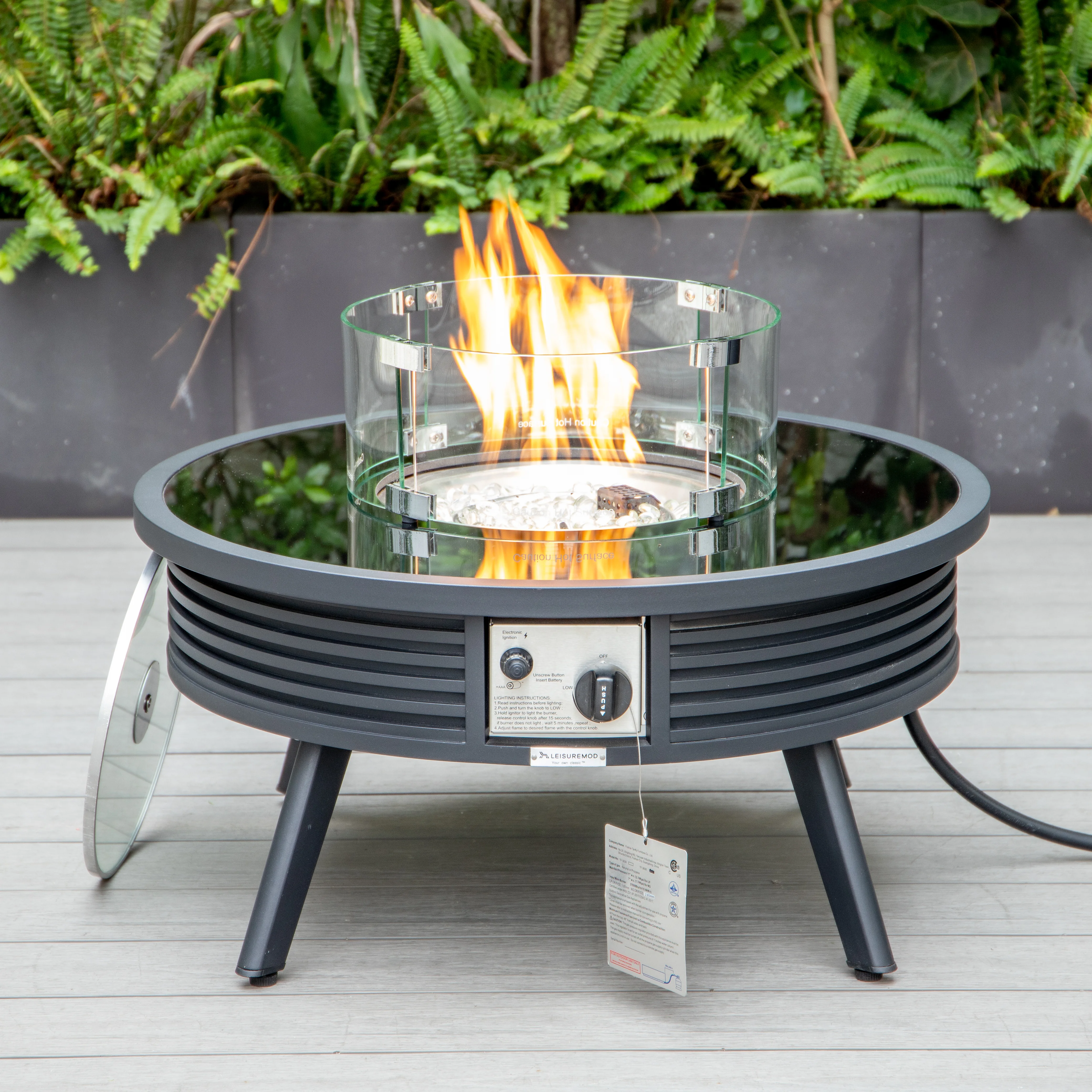 Walbrooke Outdoor Patio Aluminum Round Slats Design Fire Pit Side Table with Lid and Fire Glass for Patio and Backyard Garden