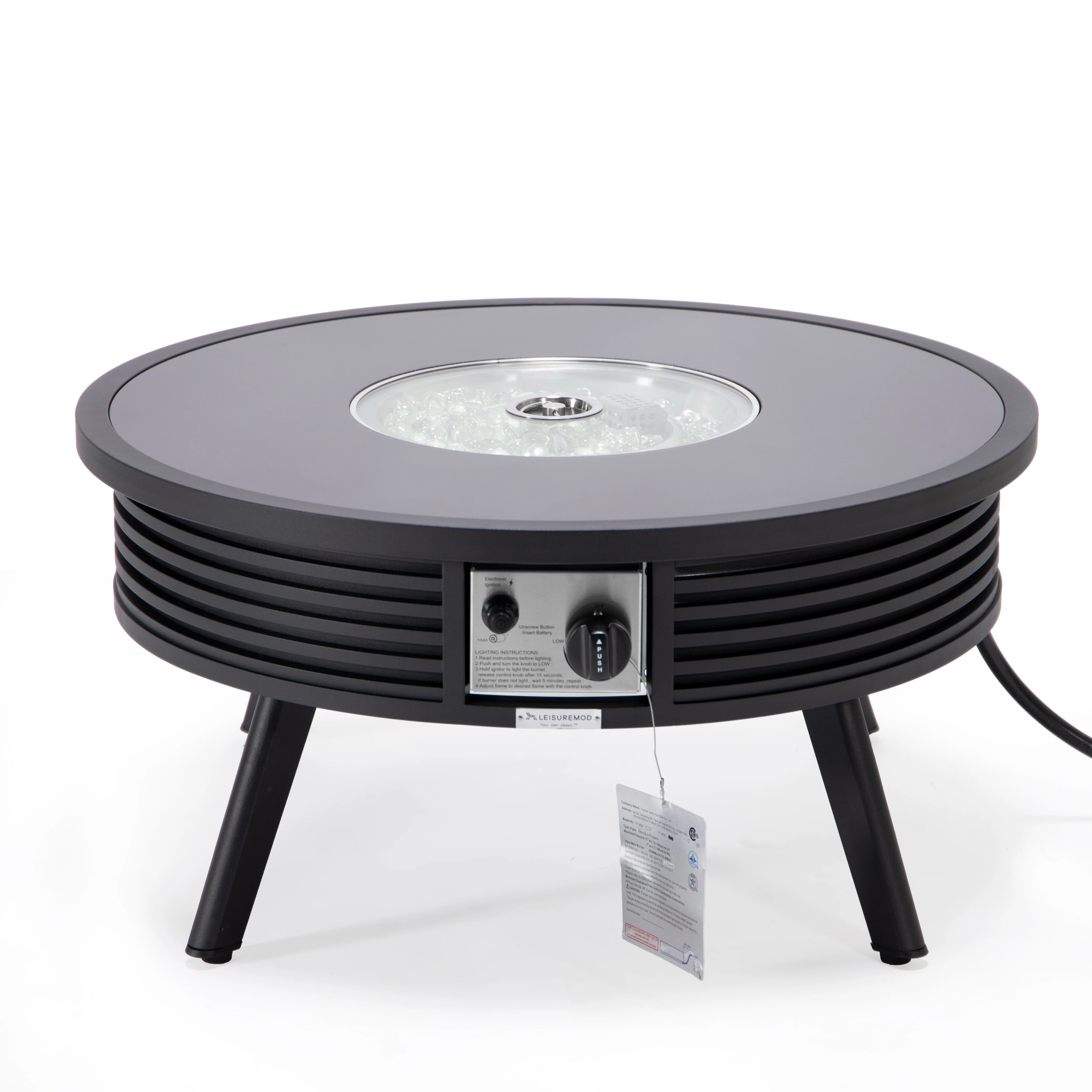 Walbrooke Outdoor Patio Aluminum Round Slats Design Fire Pit Side Table with Lid and Fire Glass for Patio and Backyard Garden