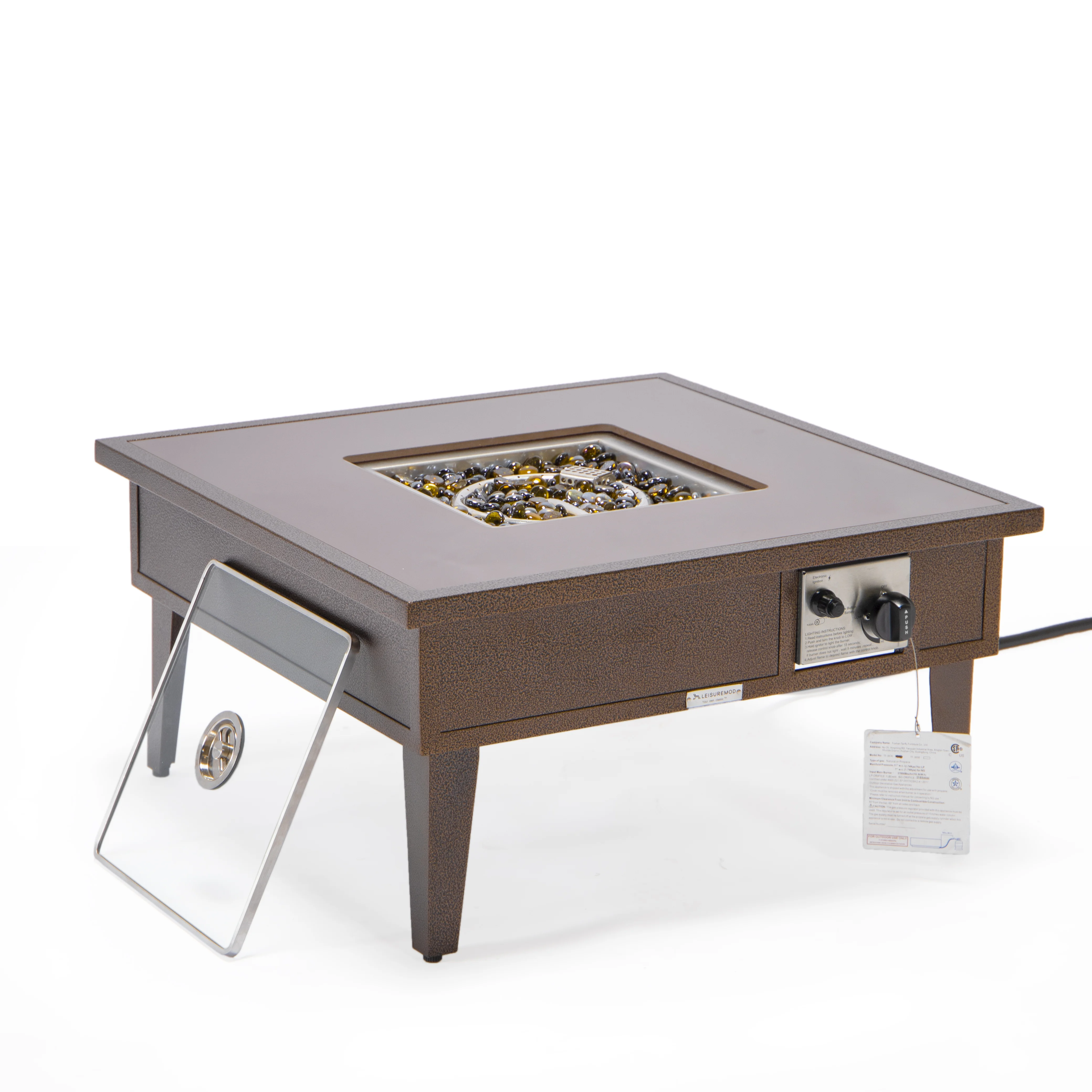 Walbrooke Outdoor Patio Aluminum Square Fire Pit Side Table with Lid and Fire Glass for Patio and Backyard Garden