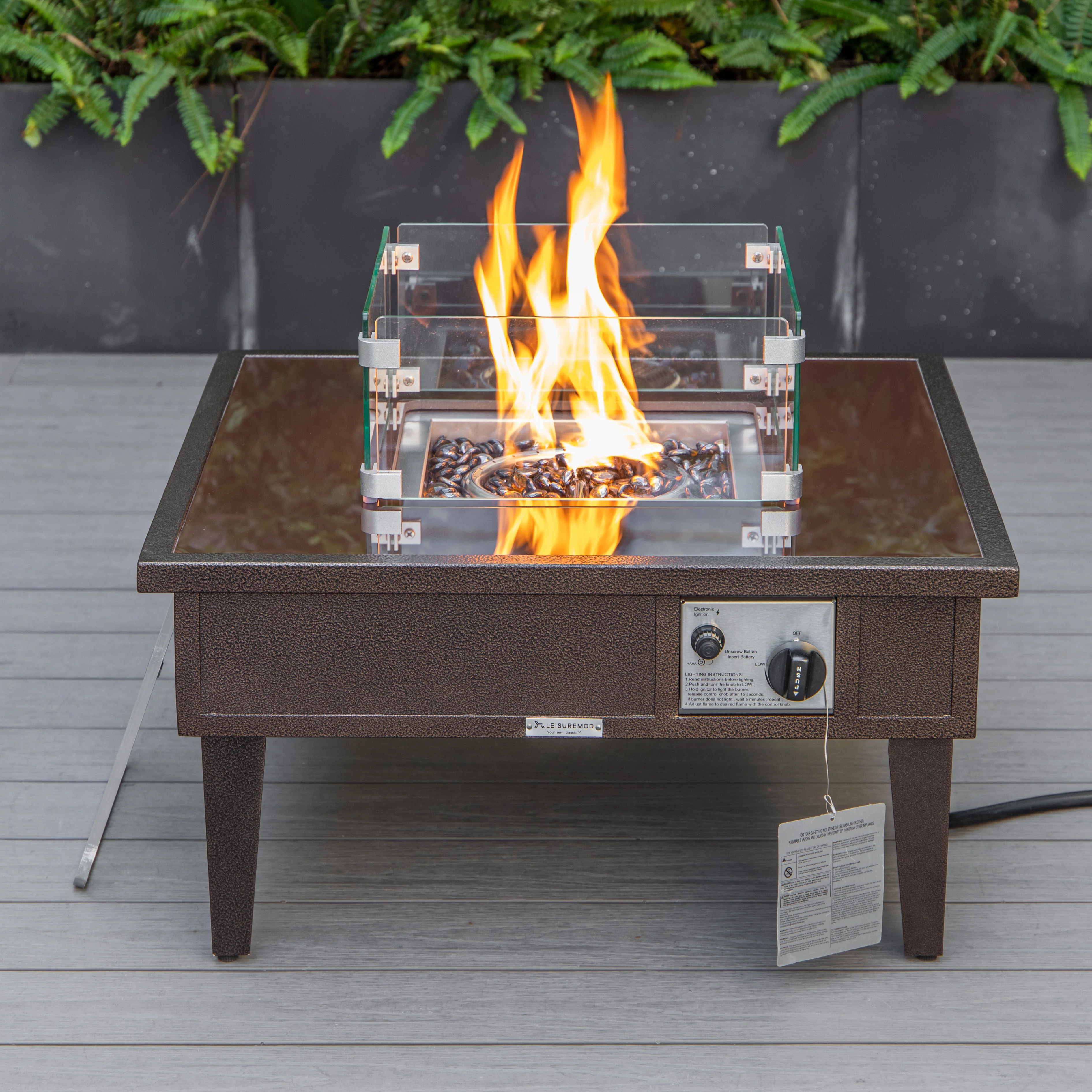 Walbrooke Outdoor Patio Aluminum Square Fire Pit Side Table with Lid and Fire Glass for Patio and Backyard Garden