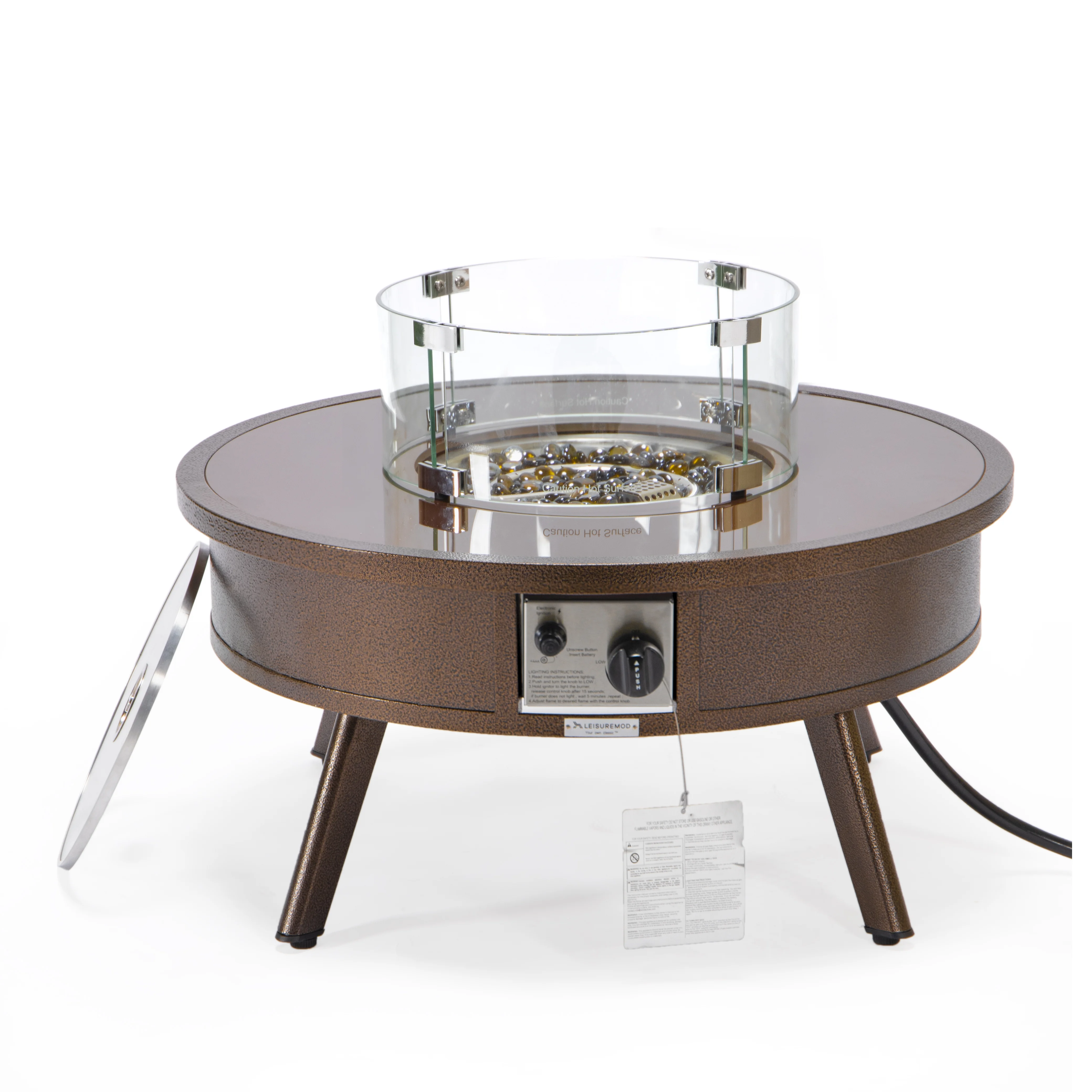 Walbrooke Outdoor Patio Aluminum Round Fire Pit Side Table with Lid and Fire Glass for Patio and Backyard Garden