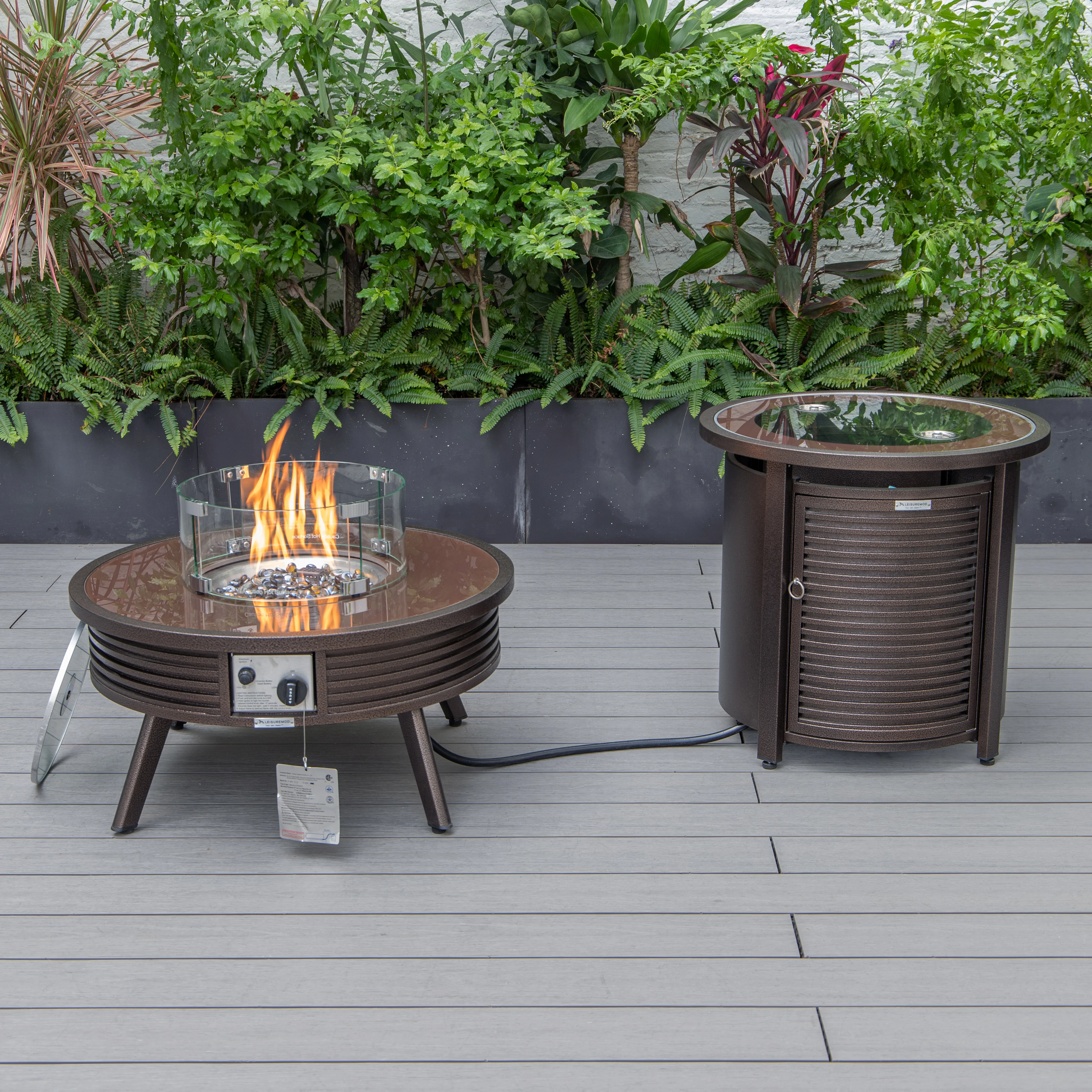 Walbrooke Patio Round Fire Pit and Tank Holder with Slats Design in Brown