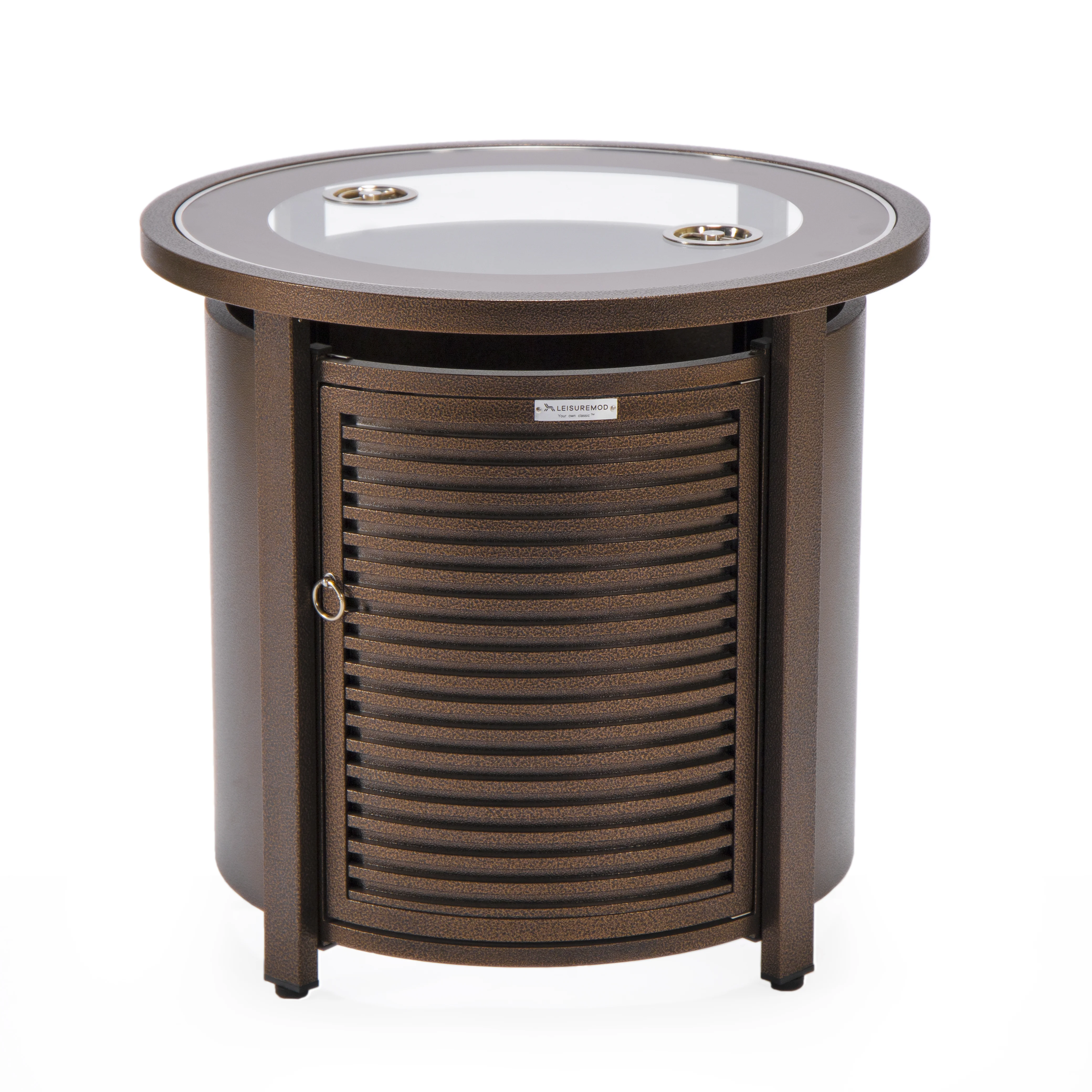 Walbrooke Patio Round Fire Pit and Tank Holder with Slats Design in Brown