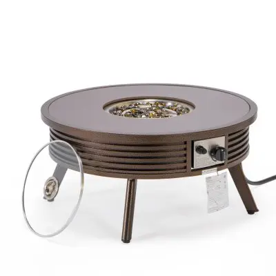 Walbrooke Patio Round Fire Pit and Tank Holder with Slats Design in Brown