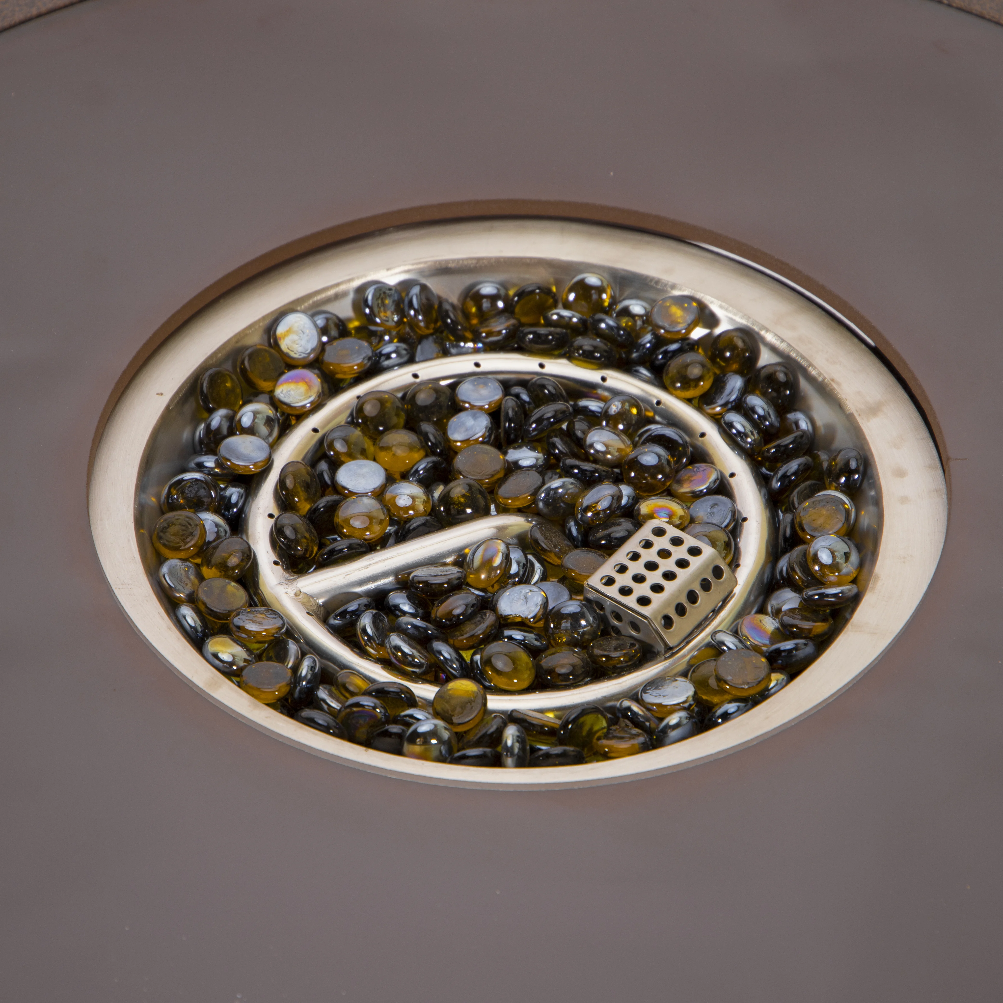 Walbrooke Outdoor Patio Aluminum Round Slats Design Fire Pit Side Table with Lid and Fire Glass for Patio and Backyard Garden