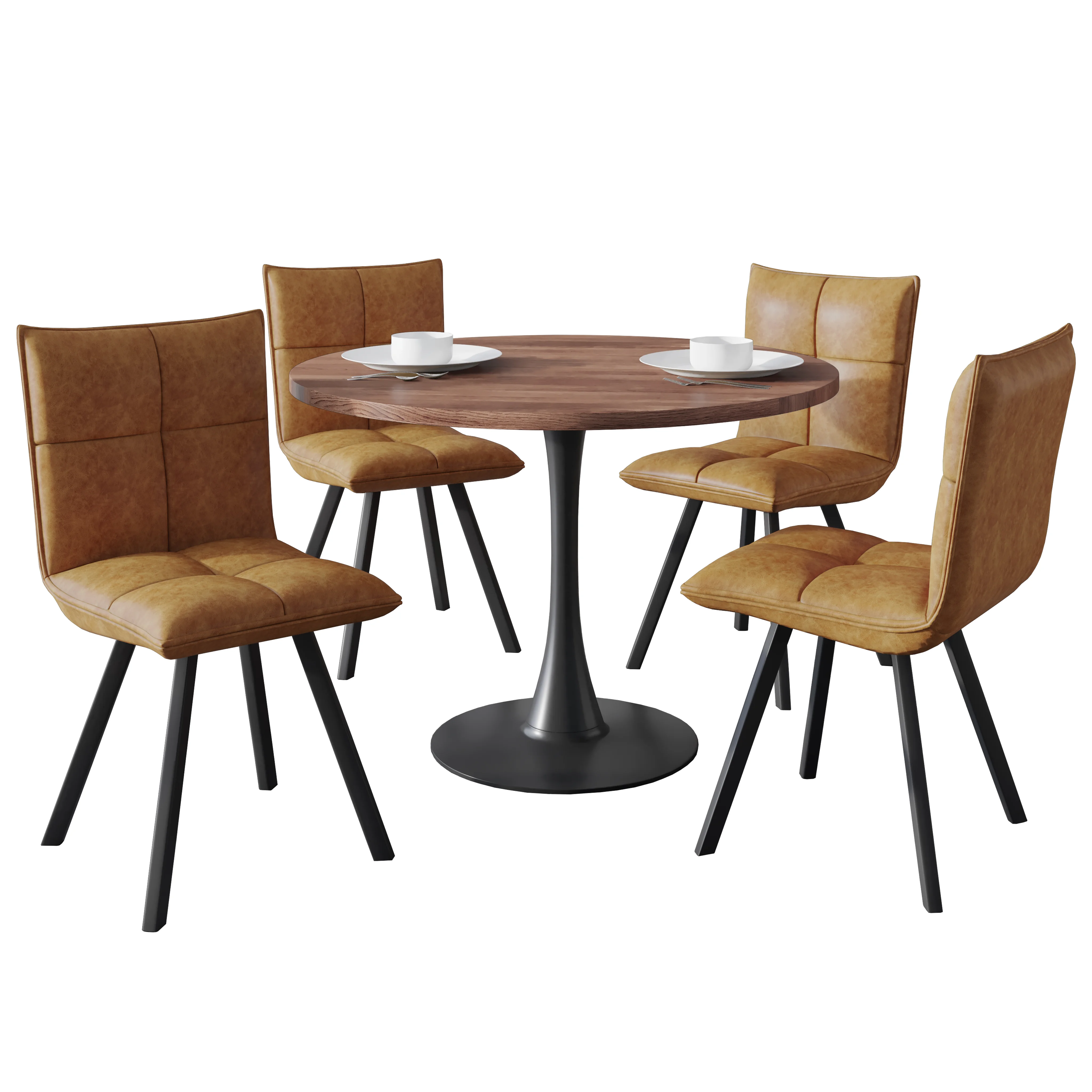 Bristol 5-Piece Dining Set with 36" Round Dining Table with Cognac Brown MDF Top and Black Base 4 Leather Dining Chairs in Light Brown