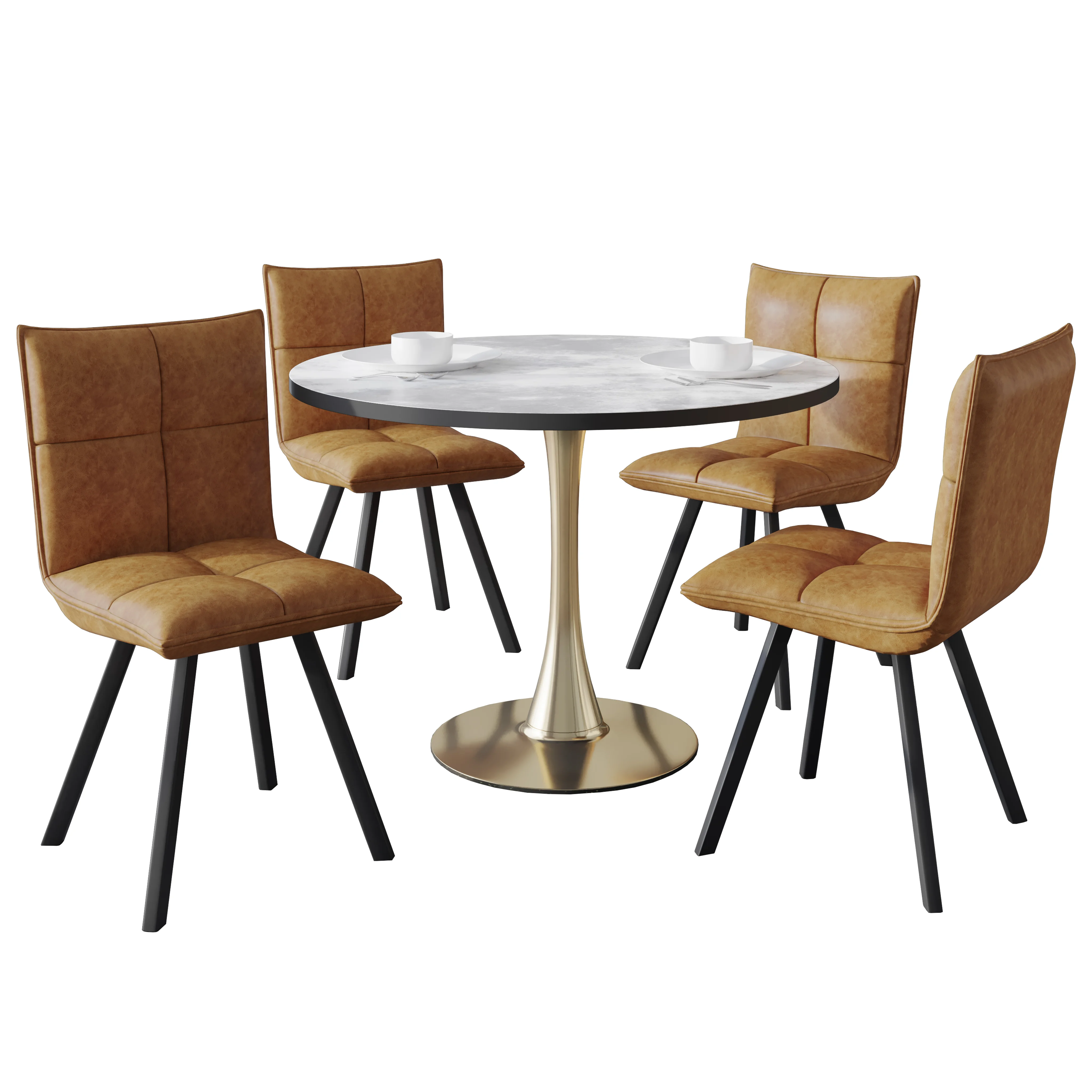 Bristol 5-Piece Dining Set with 35" Round Dining Table with White Sintered Stone Top and Black Base 4 Leather Dining Chairs in Light Brown