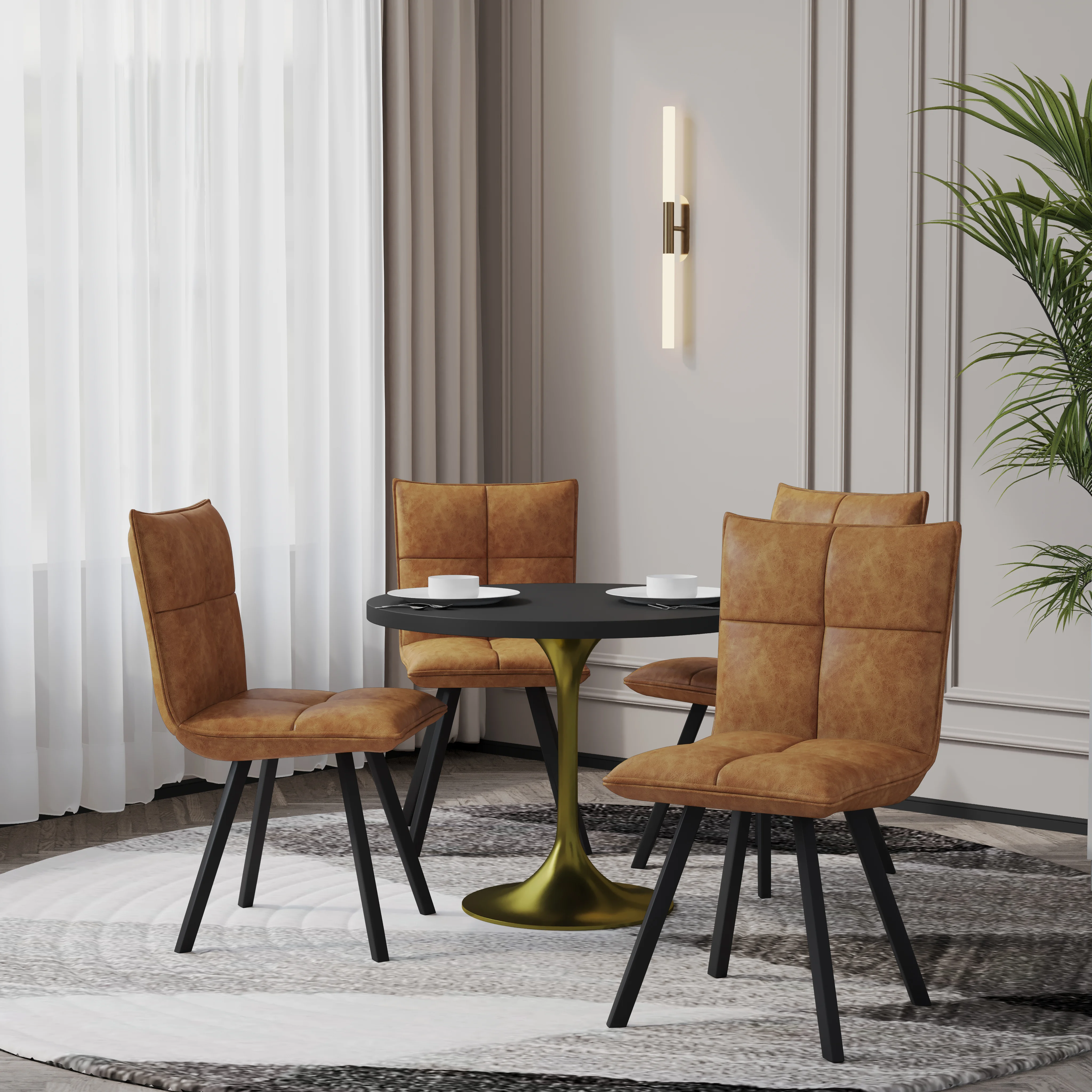 Verve 5-Piece Dining Set with 36" Round Dining Table in Black MDF Top and 4 Leather Dining Chairs in Light Brown