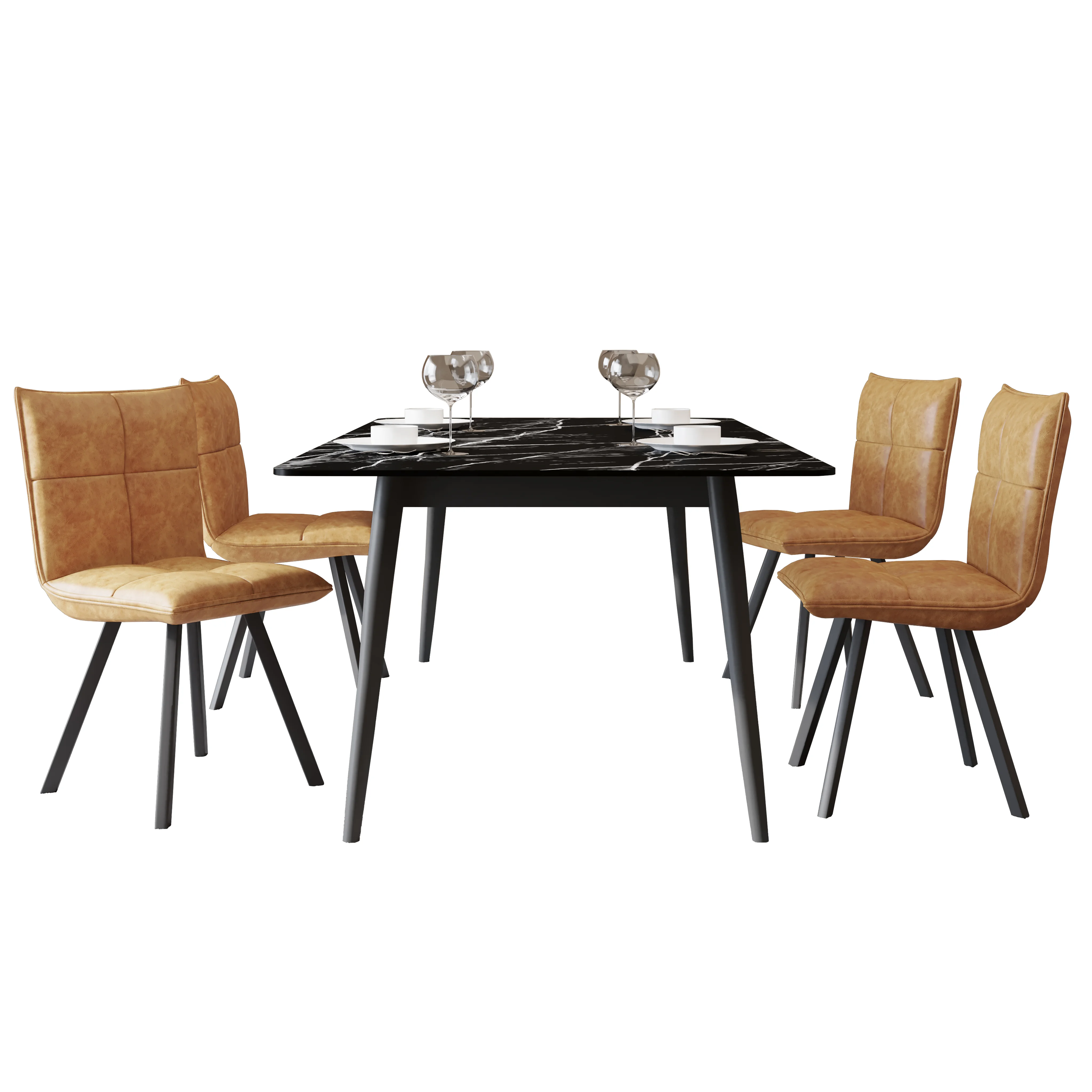 Zayle 5-Piece Dining Set with 55" Rectangular Dining Table in Black/Gold Sintered Stone Top and 4 Leather Dining Chairs in Light Brown