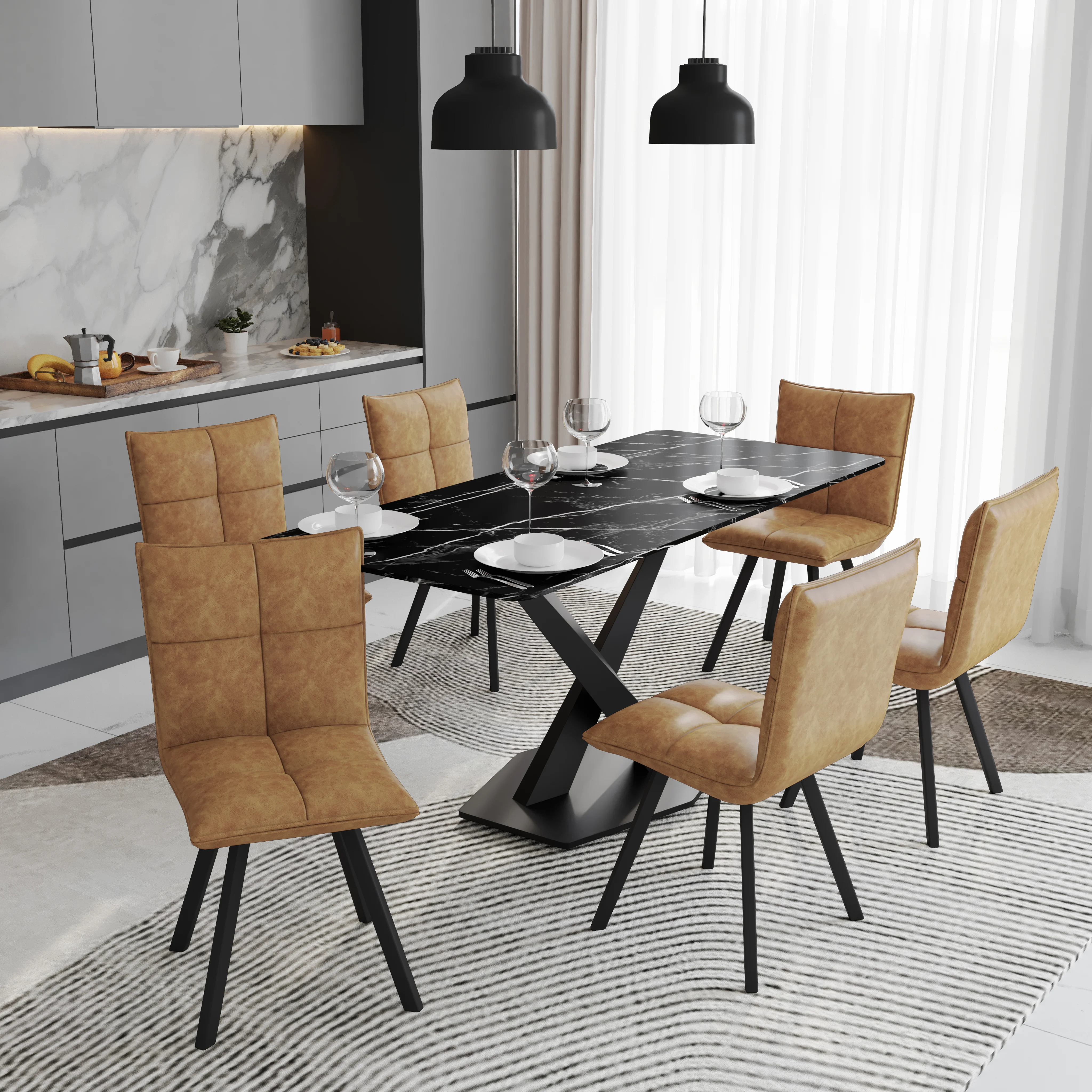 Voren 7-Piece Dining Set with 55" Rectangular Dining Table in Black/Gold and 6 Leather Dining Chairs in Light Brown