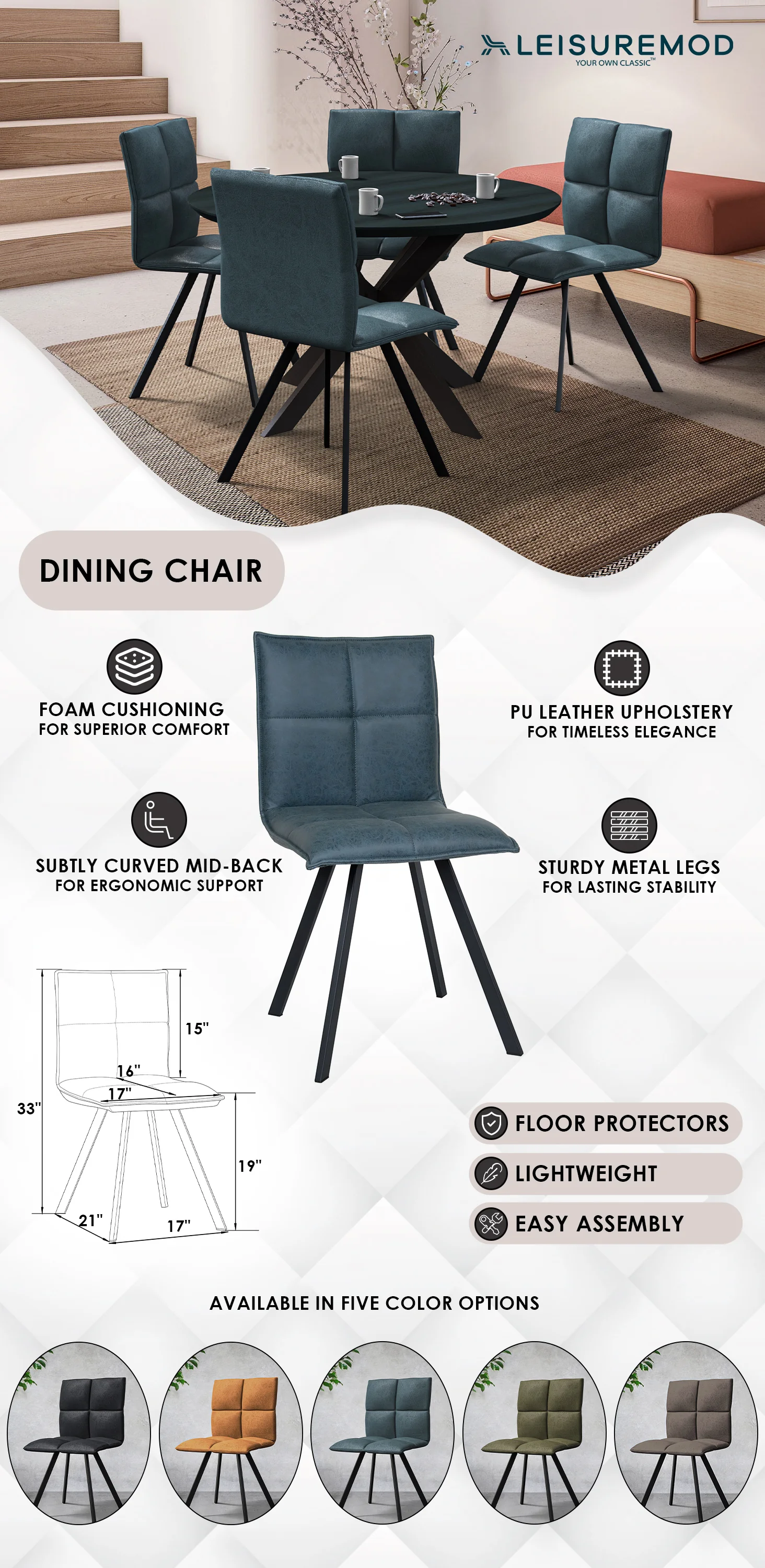 Wesley Modern Leather Dining Chair With Metal Legs