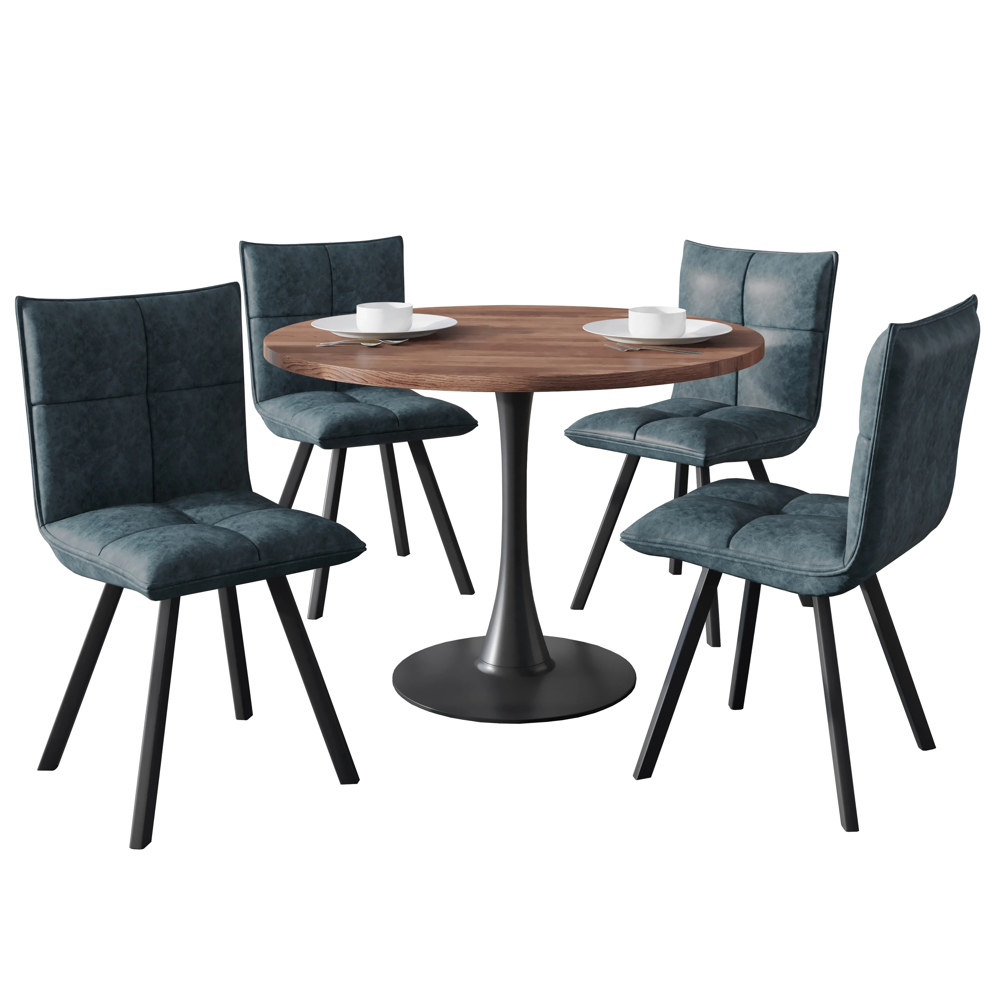 Bristol 5-Piece Dining Set with 36" Round Dining Table with Cognac Brown MDF Top and Black Base 4 Leather Dining Chairs in Peacock Blue