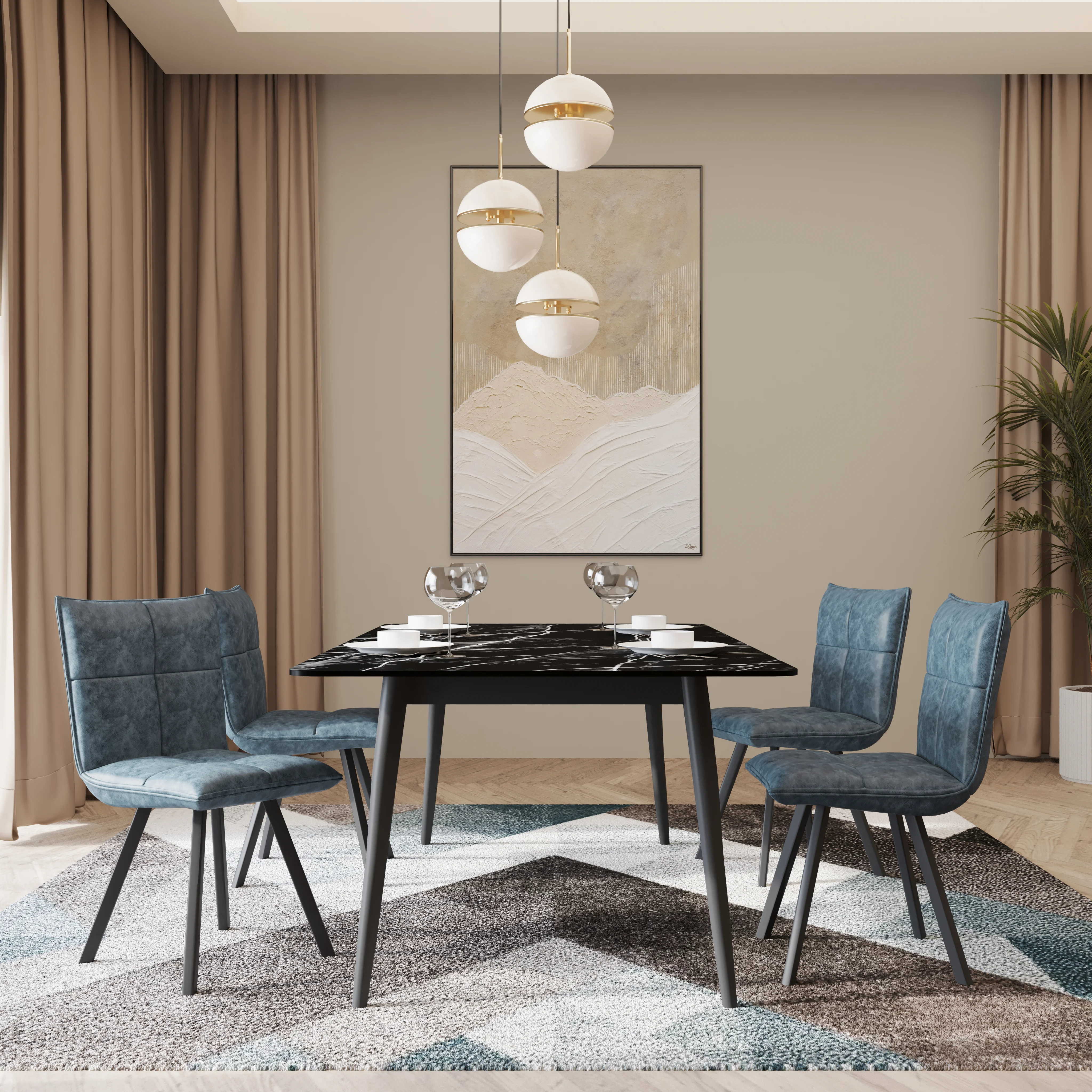 Zayle 5-Piece Dining Set with 55" Rectangular Dining Table in Black/Gold Sintered Stone Top and 4 Leather Dining Chairs in Peacock Blue
