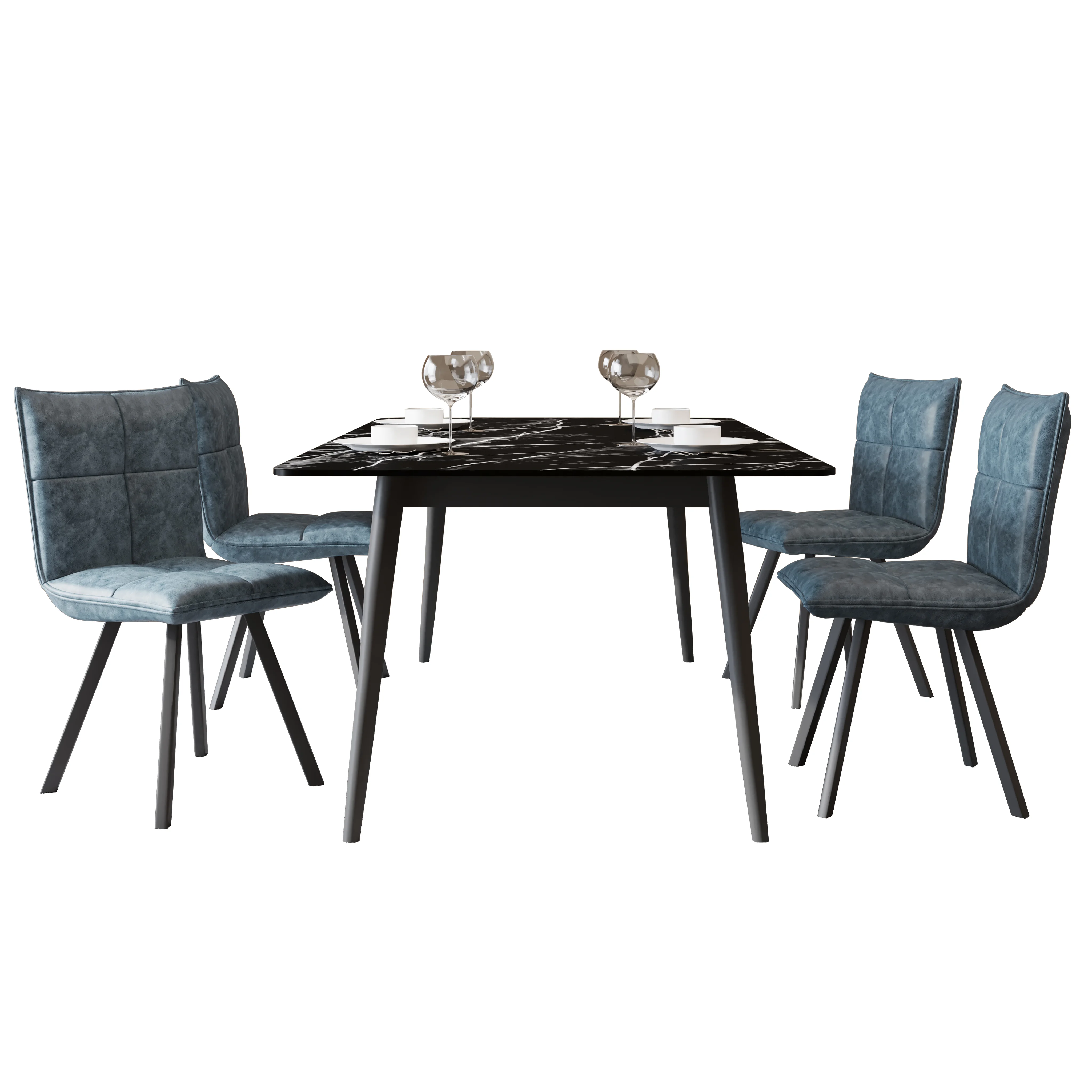 Zayle 5-Piece Dining Set with 55" Rectangular Dining Table in Black/Gold Sintered Stone Top and 4 Leather Dining Chairs in Peacock Blue