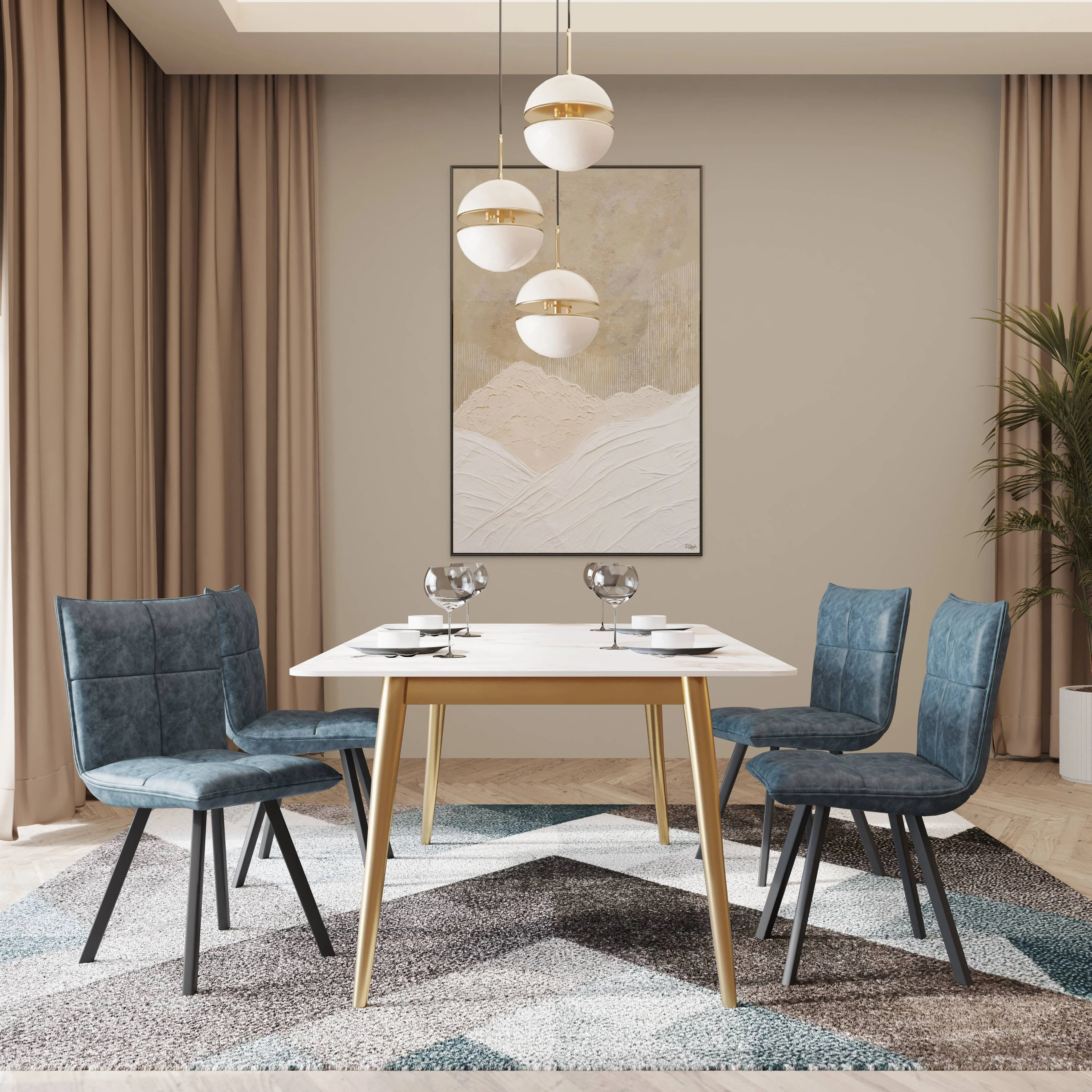 Zayle 5-Piece Dining Set with 55" Rectangular Dining Table in White Grey Sintered Stone Top and 4 Leather Dining Chairs in Grey