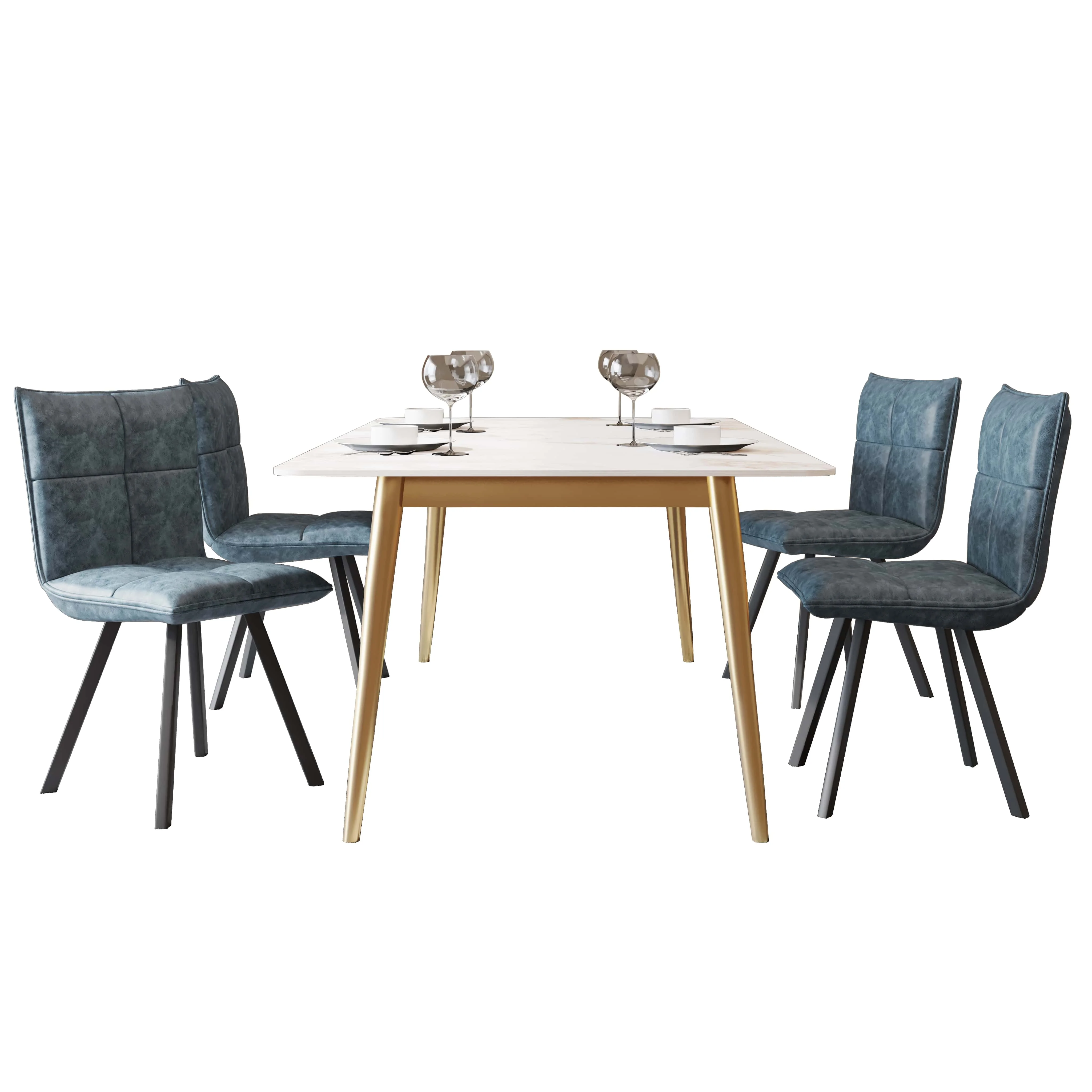 Zayle 5-Piece Dining Set with 55" Rectangular Dining Table in White Grey Sintered Stone Top and 4 Leather Dining Chairs in Grey