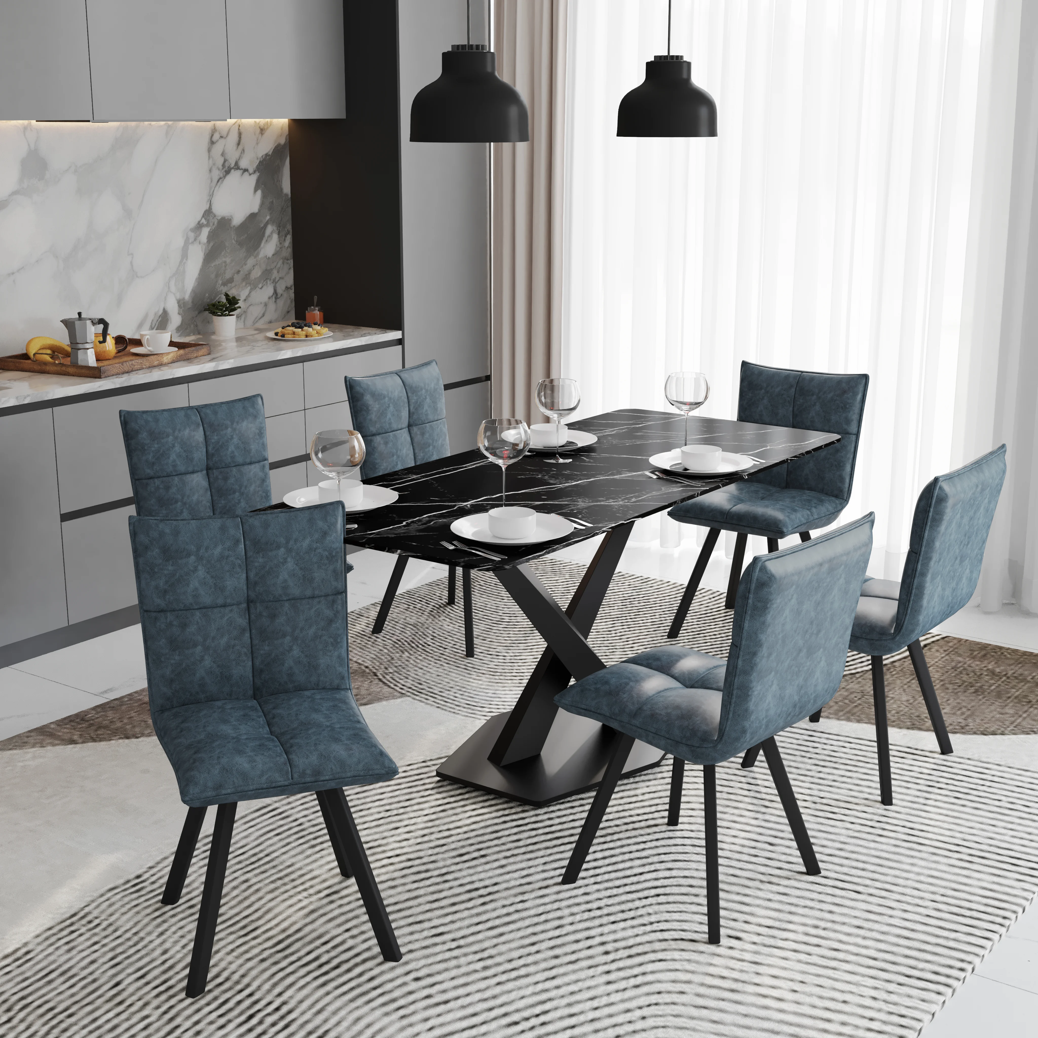 Voren 7-Piece Dining Set with 55" Rectangular Dining Table in Black/Gold and 6 Leather Dining Chairs in Peacock Blue