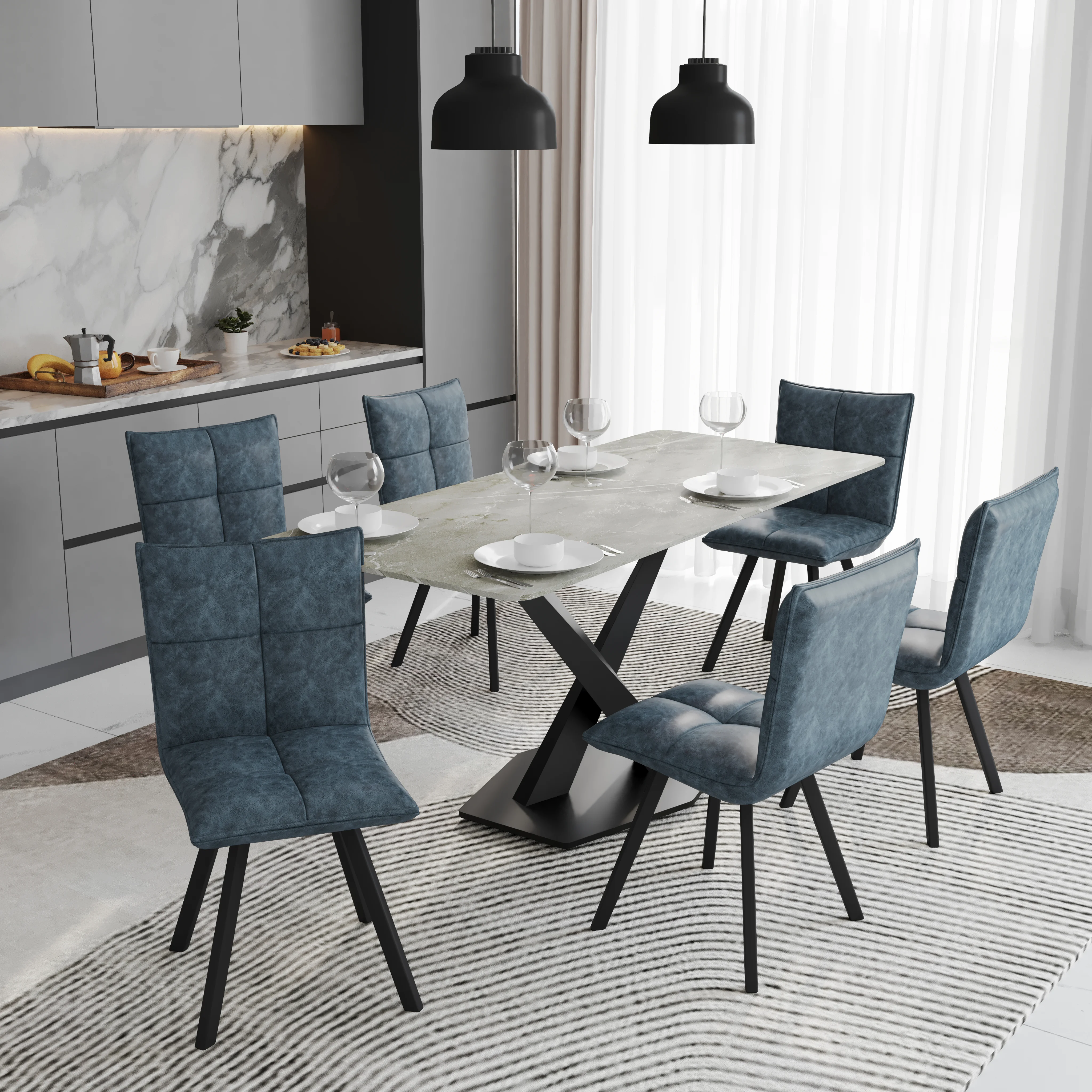 Voren 7-Piece Dining Set with 55" Rectangular Dining Table with Sintered Stone Top and Gold Base in Deep Grey and 6 Leather Dining Chairs in Peacock Blue