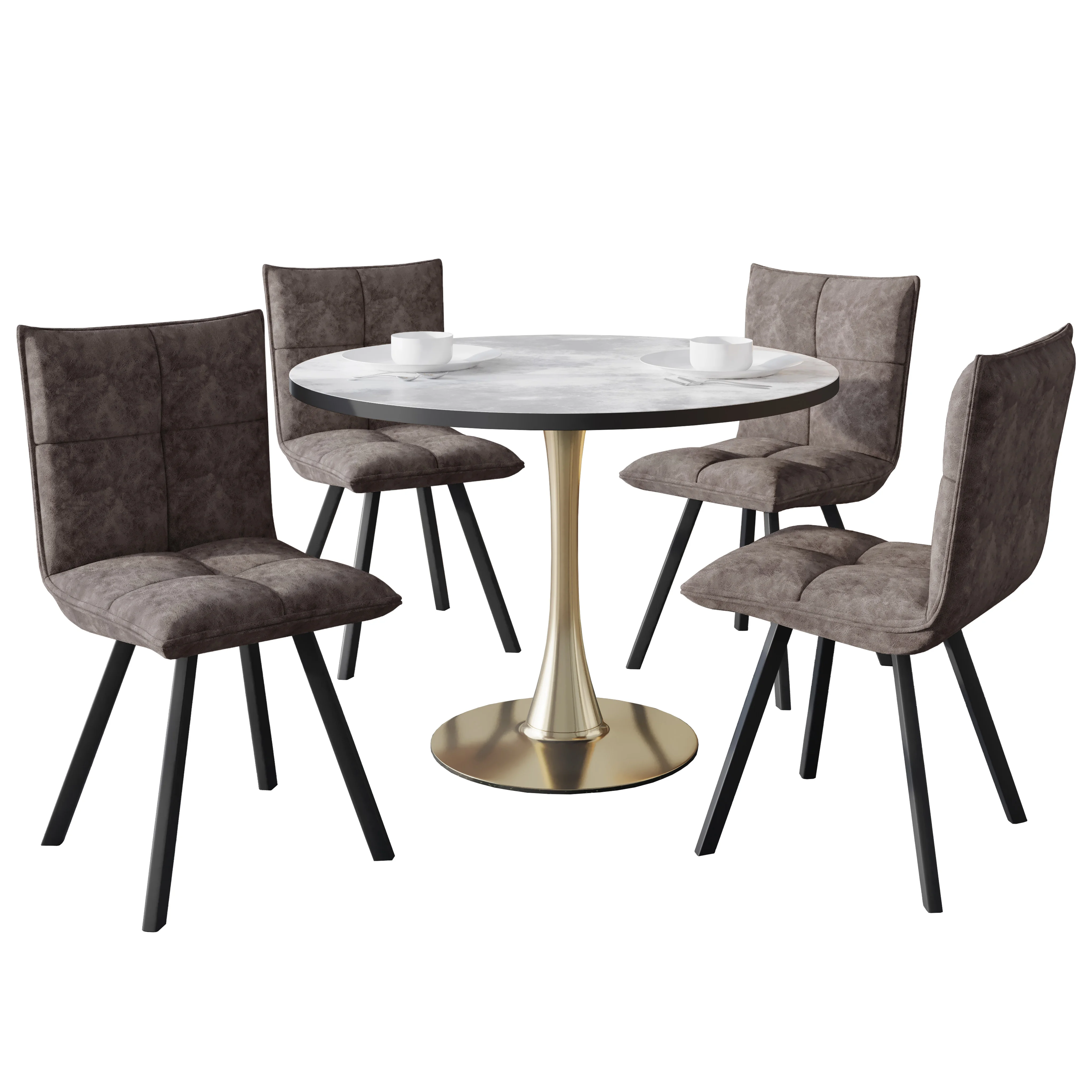Bristol 5-Piece Dining Set with 35" Round Dining Table with White Sintered Stone Top and Black Base 4 Leather Dining Chairs in Grey